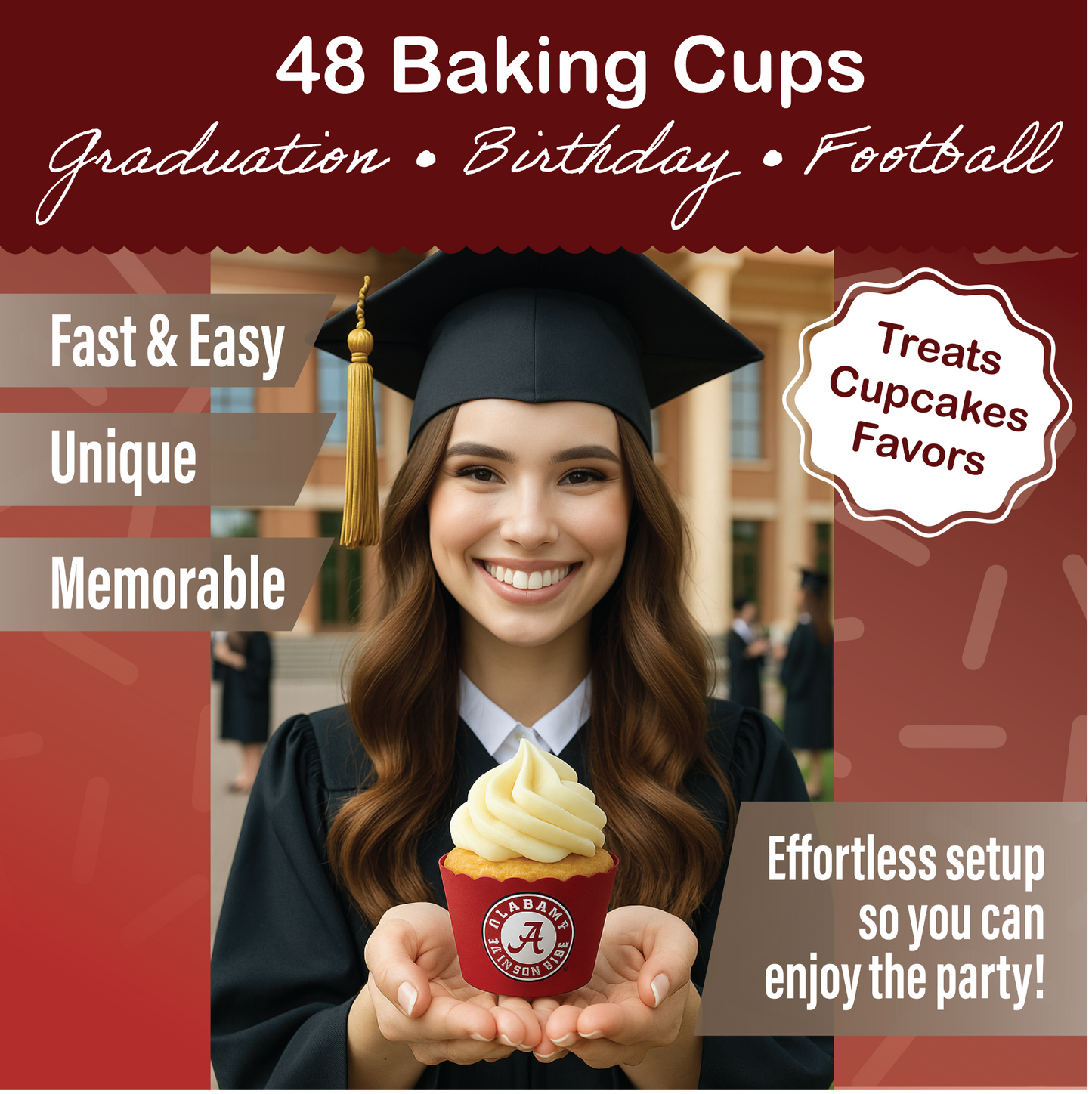 University of Alabama Baking Cups (48 Pcs) for Bama Football, Birthday, and Graduation Party Decorations (Alabama Crimson Tide)