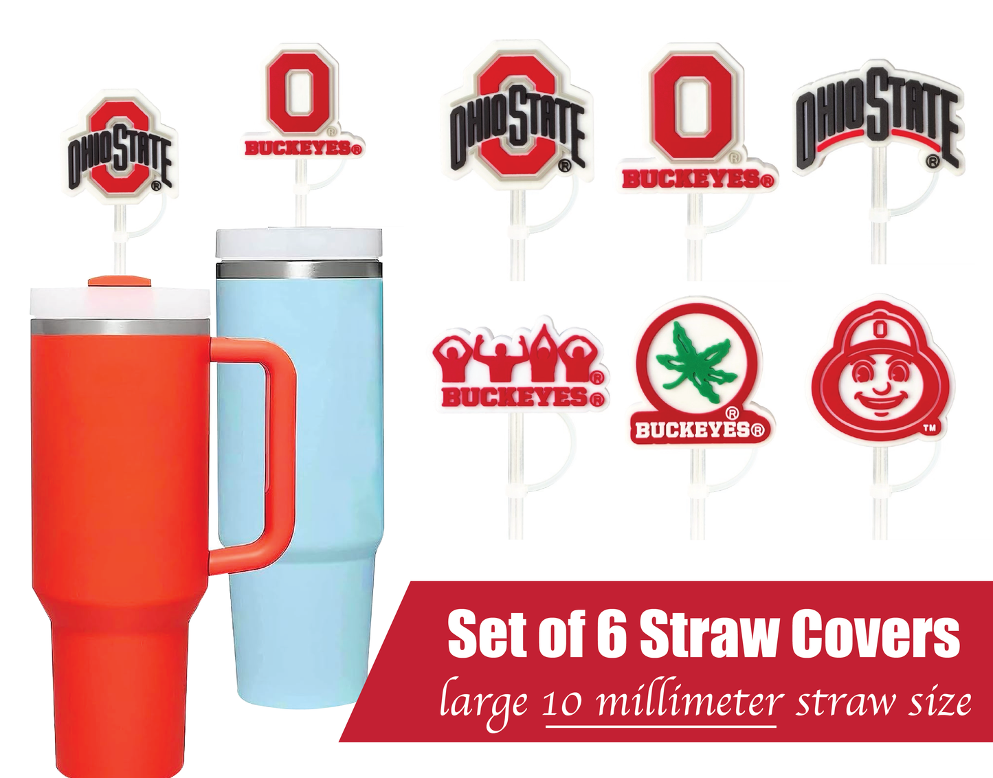 Ohio State Buckeyes 10mm Straw Toppers (6 Pieces)