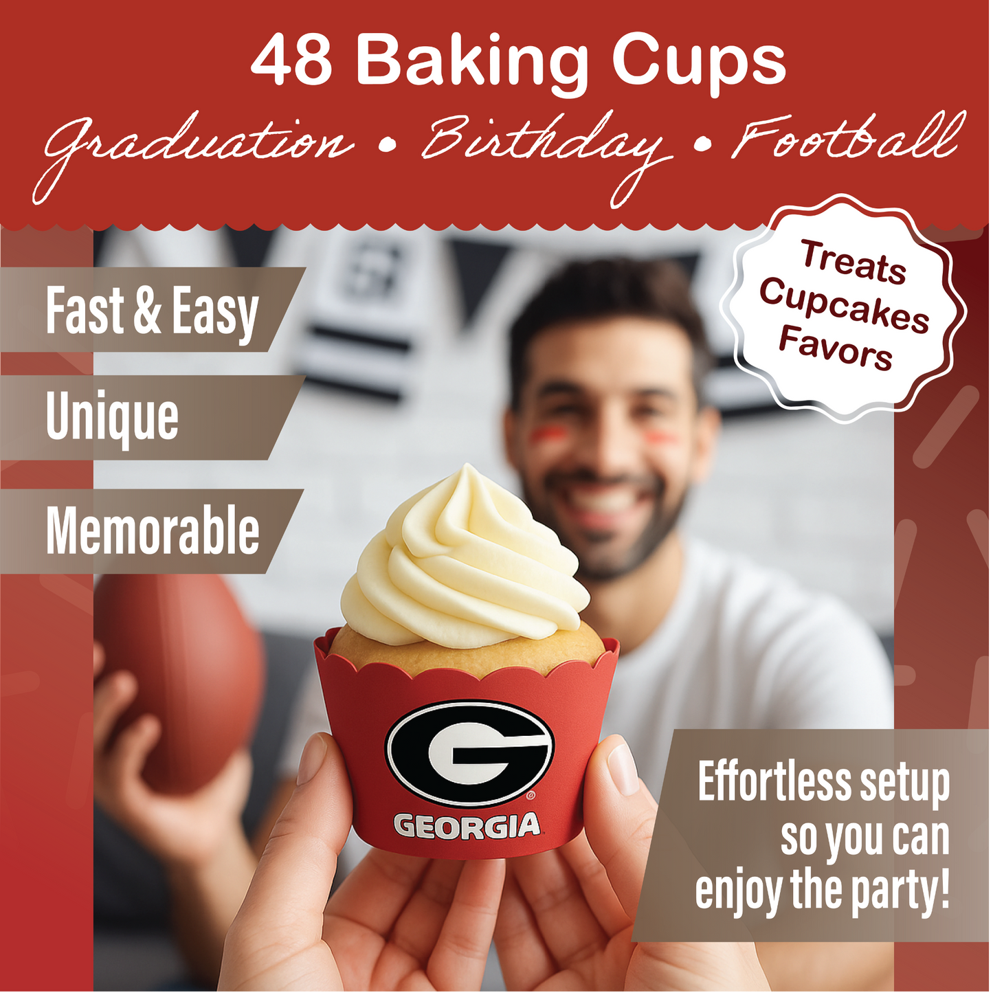 University of Georgia Baking Cups (48 Pcs) for UGA Football, Birthday, and Graduation Party Decorations (Georgia Bulldogs)