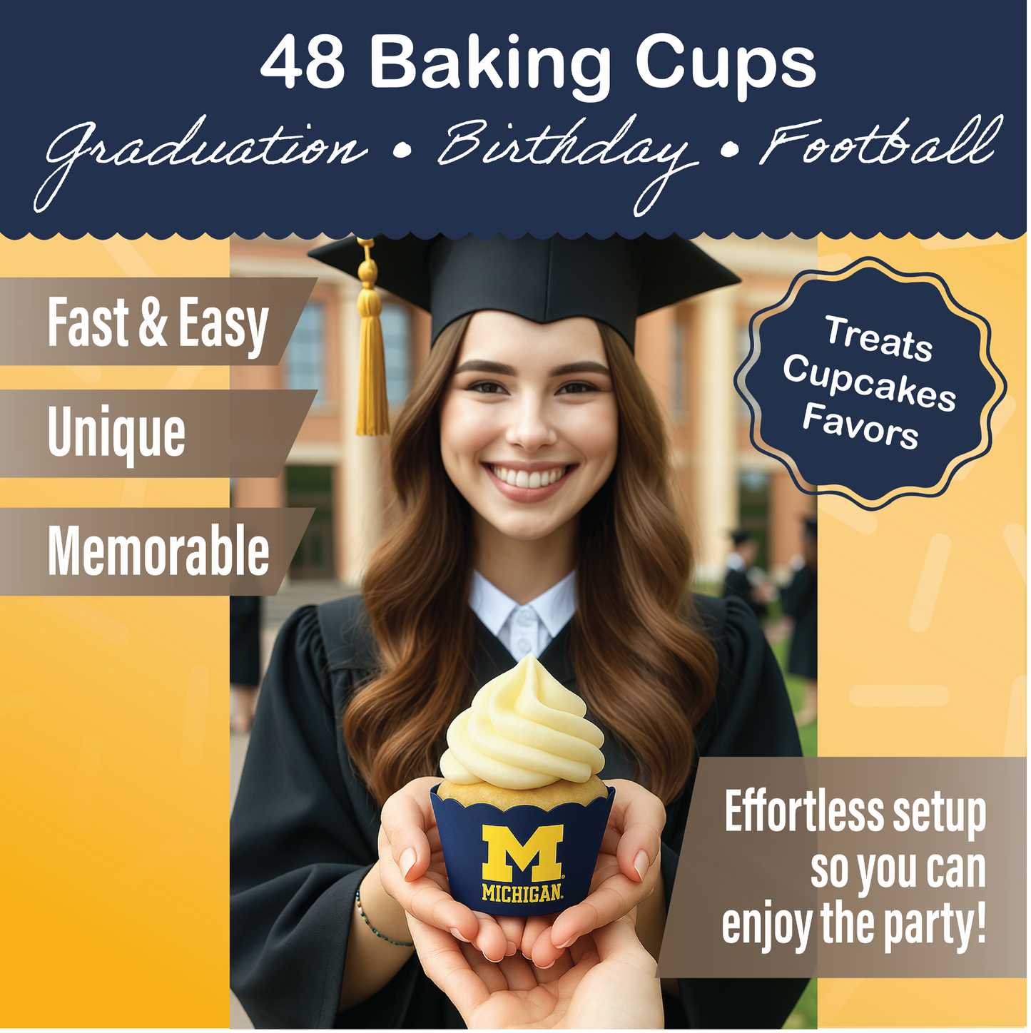 University of Michigan Baking Cups (48 Pcs) for U of M Wolverines Football, Birthday, and Graduation Party Decorations (Michigan Wolverines)