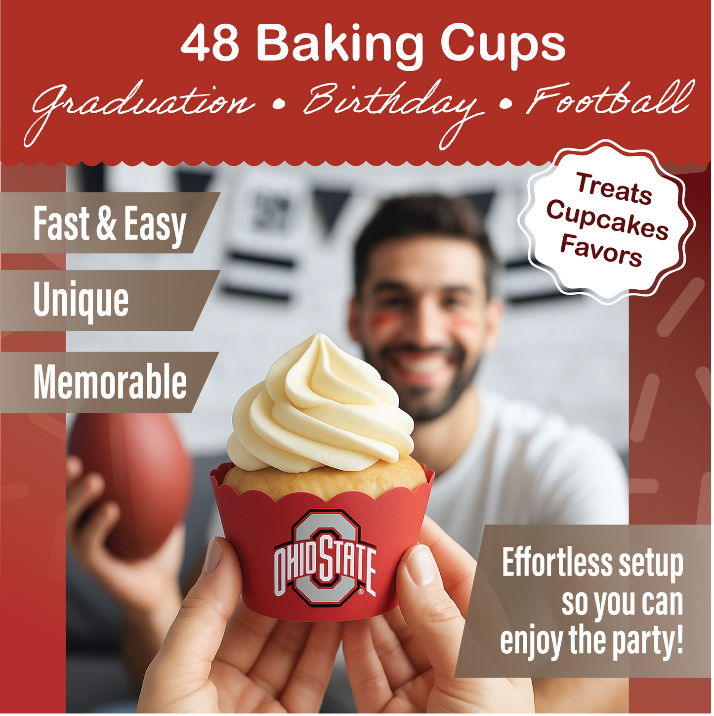 Ohio State Baking Cups (48 Pcs) for OSU Buckeyes Football, Birthday, and Graduation Party Decorations (Ohio State Buckeyes)