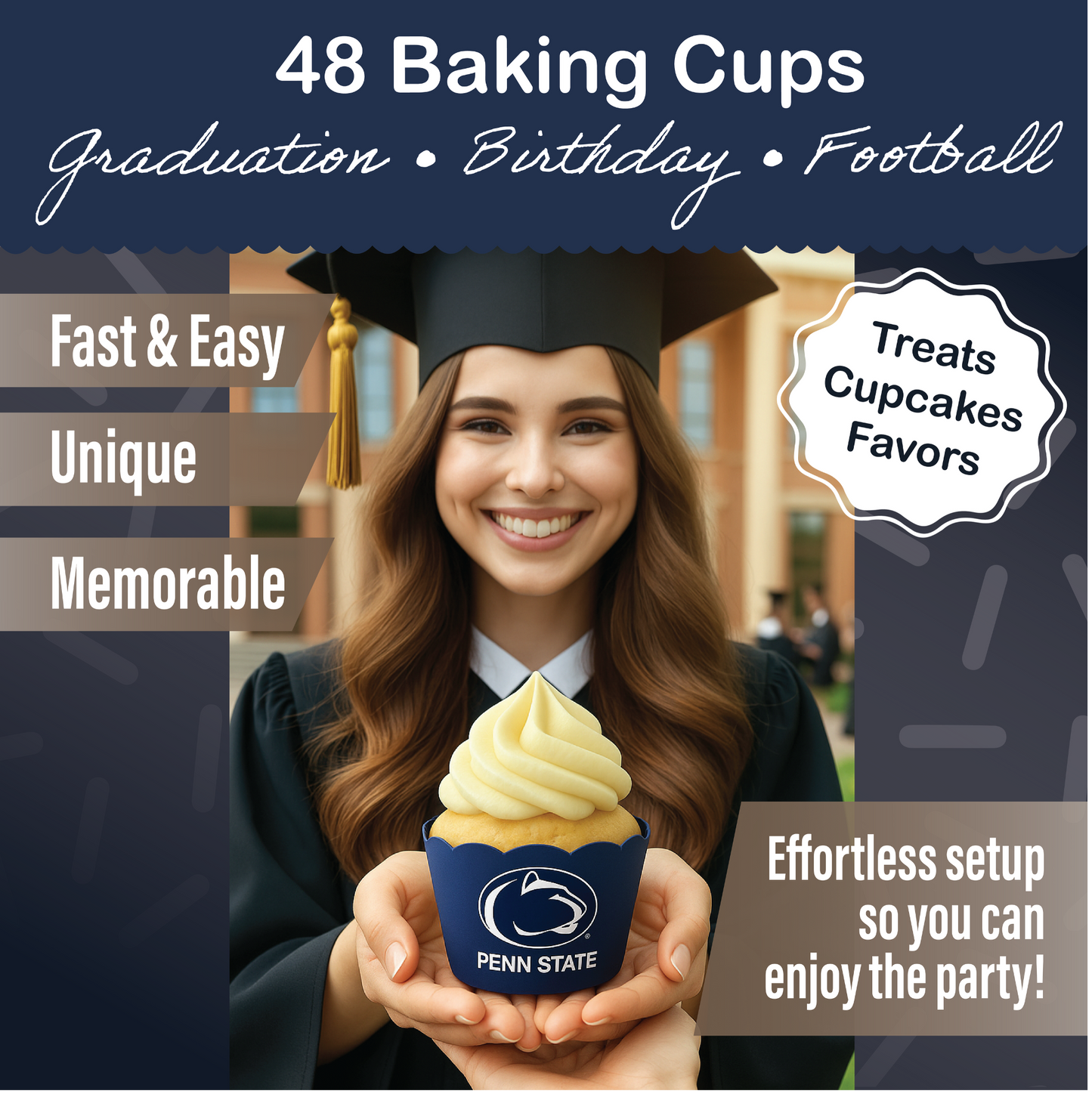 Penn State Baking Cups (48 Pcs) for PSU Football, Birthday, and Graduation Party Decorations (Penn State Nittany Lions)