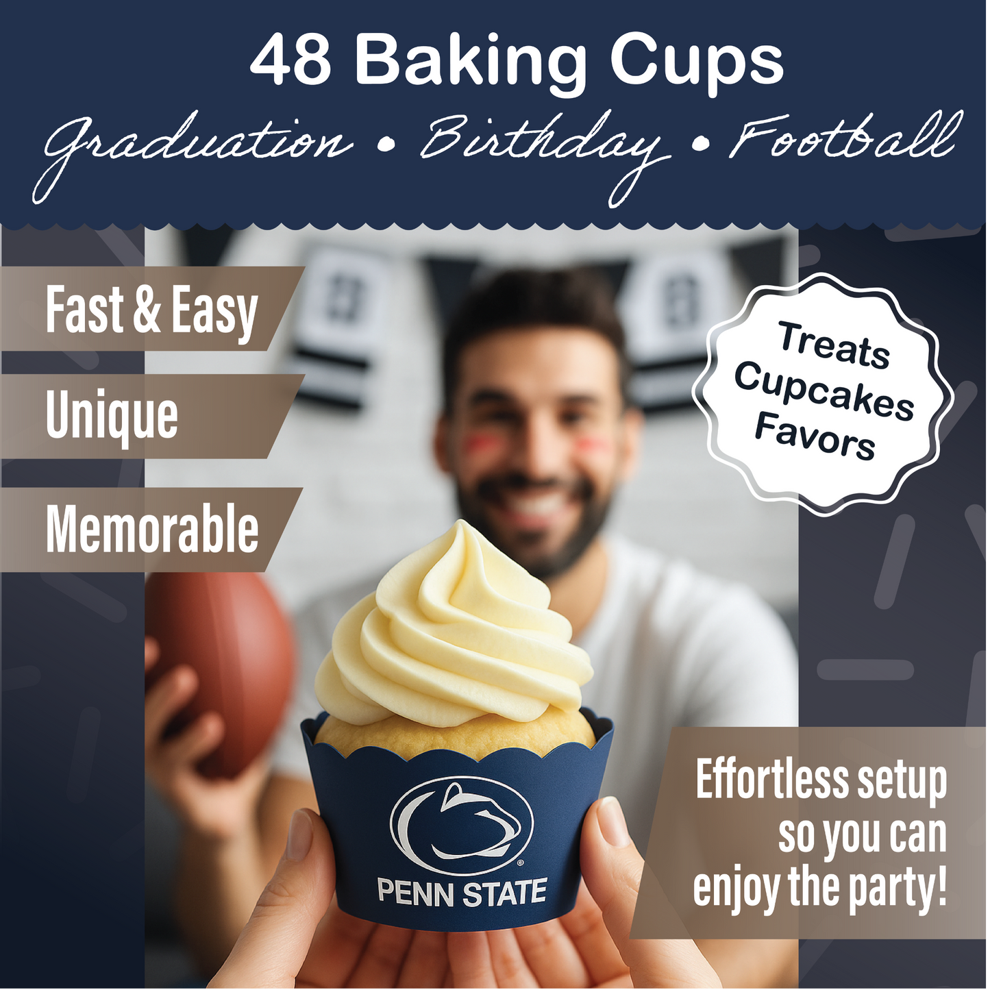Penn State Baking Cups (48 Pcs) for PSU Football, Birthday, and Graduation Party Decorations (Penn State Nittany Lions)