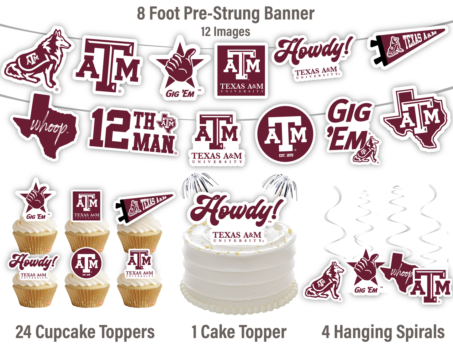 Texas A&M Aggies Party Decorations with Banner and Cupcake Toppers (42 Pieces)