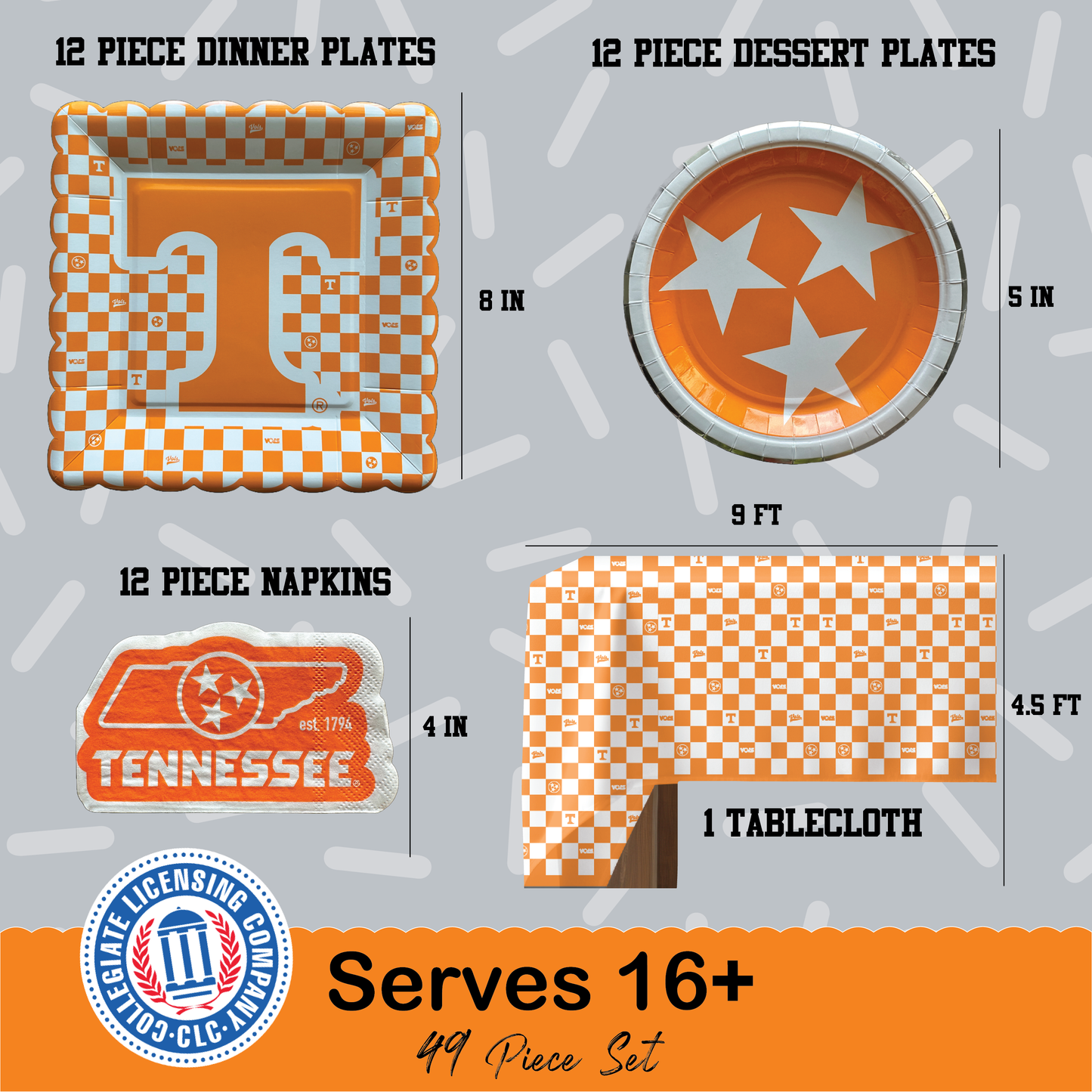 Tennessee Vols Tableware Set with 32 Plates, 16 Napkins and 1 Tablecloth (Serves 16)