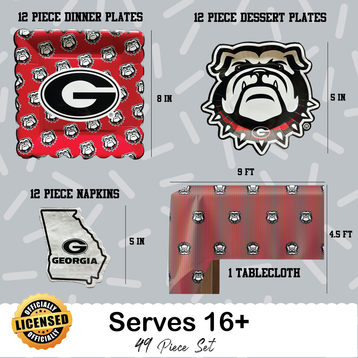 Georgia Bulldogs Tableware Set with 32 Plates, 16 Napkins and 1 Tablecloth (Serves 16)