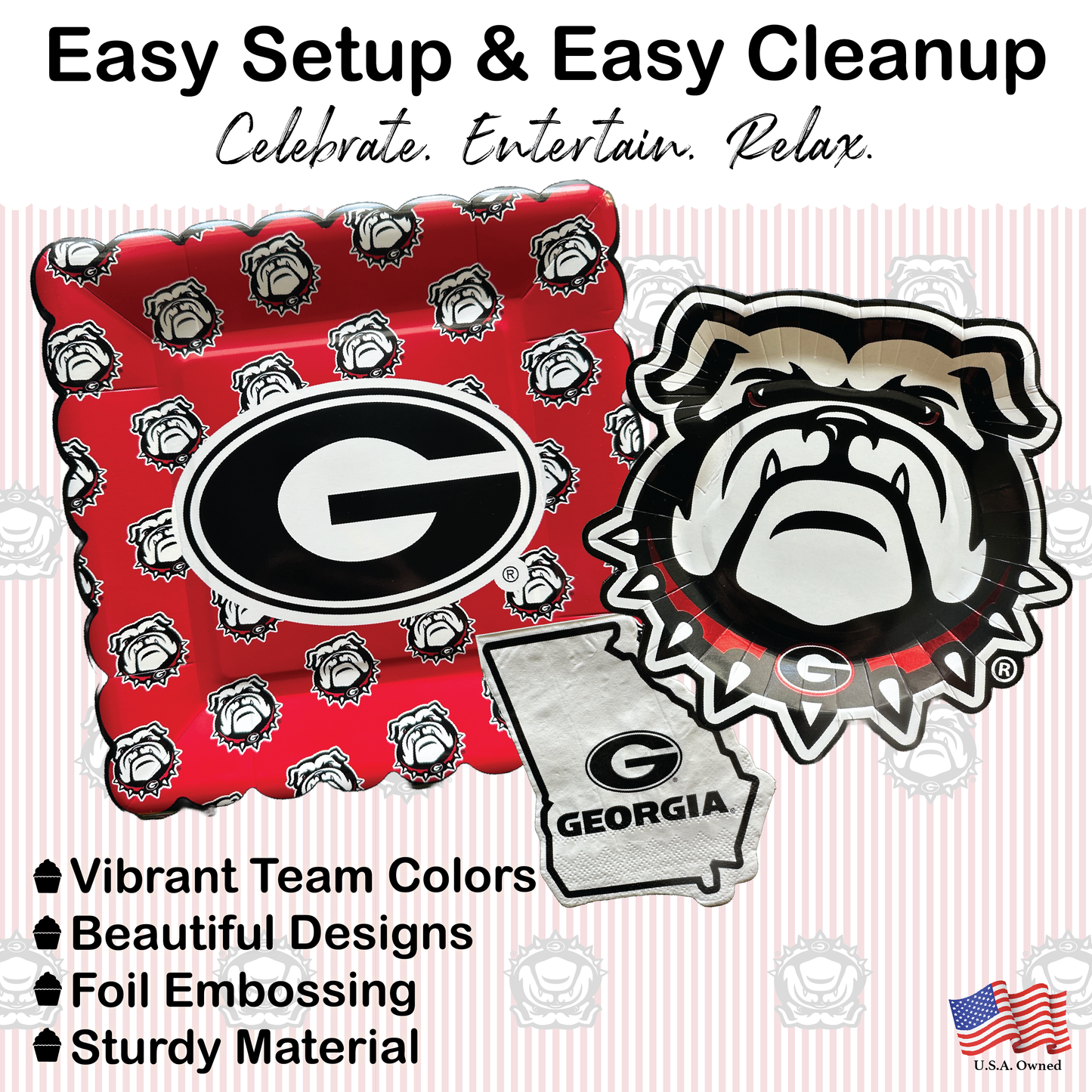 Georgia Bulldogs Tableware Set with 32 Plates, 16 Napkins and 1 Tablecloth (Serves 16)