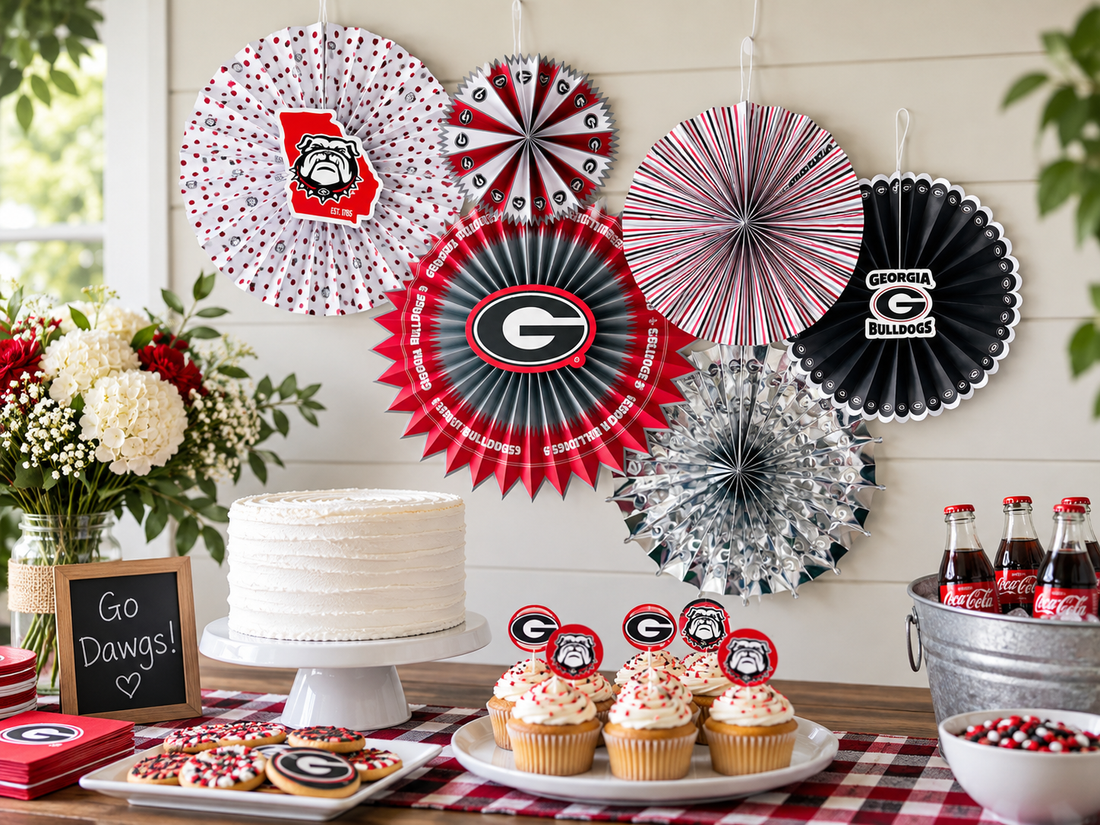 Georgia Bulldogs paper fan backdrop with six red, black, and white fans and three foil UGA logo cutouts