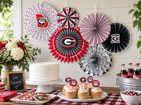 Georgia Bulldogs paper fan backdrop with six red, black, and white fans and three foil UGA logo cutouts