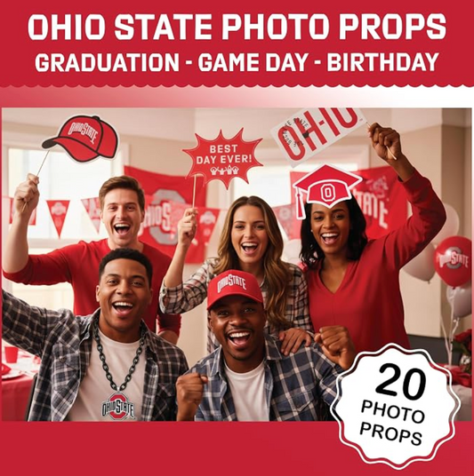 20 Ohio State Buckeyes photo props on sticks in scarlet and gray arranged as a party centerpiece