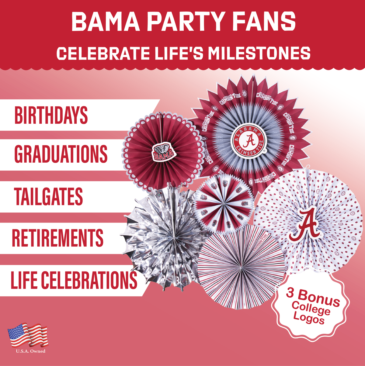 Alabama Crimson Tide Paper Fan Backdrop Birthday Graduation Party Decor 6Pc