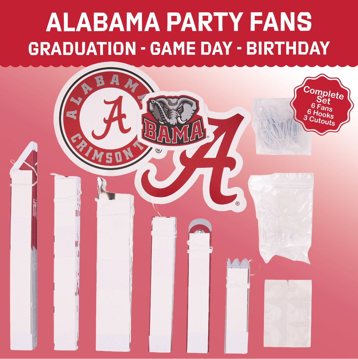 Alabama Crimson Tide Paper Fan Backdrop Birthday Graduation Party Decor 6Pc
