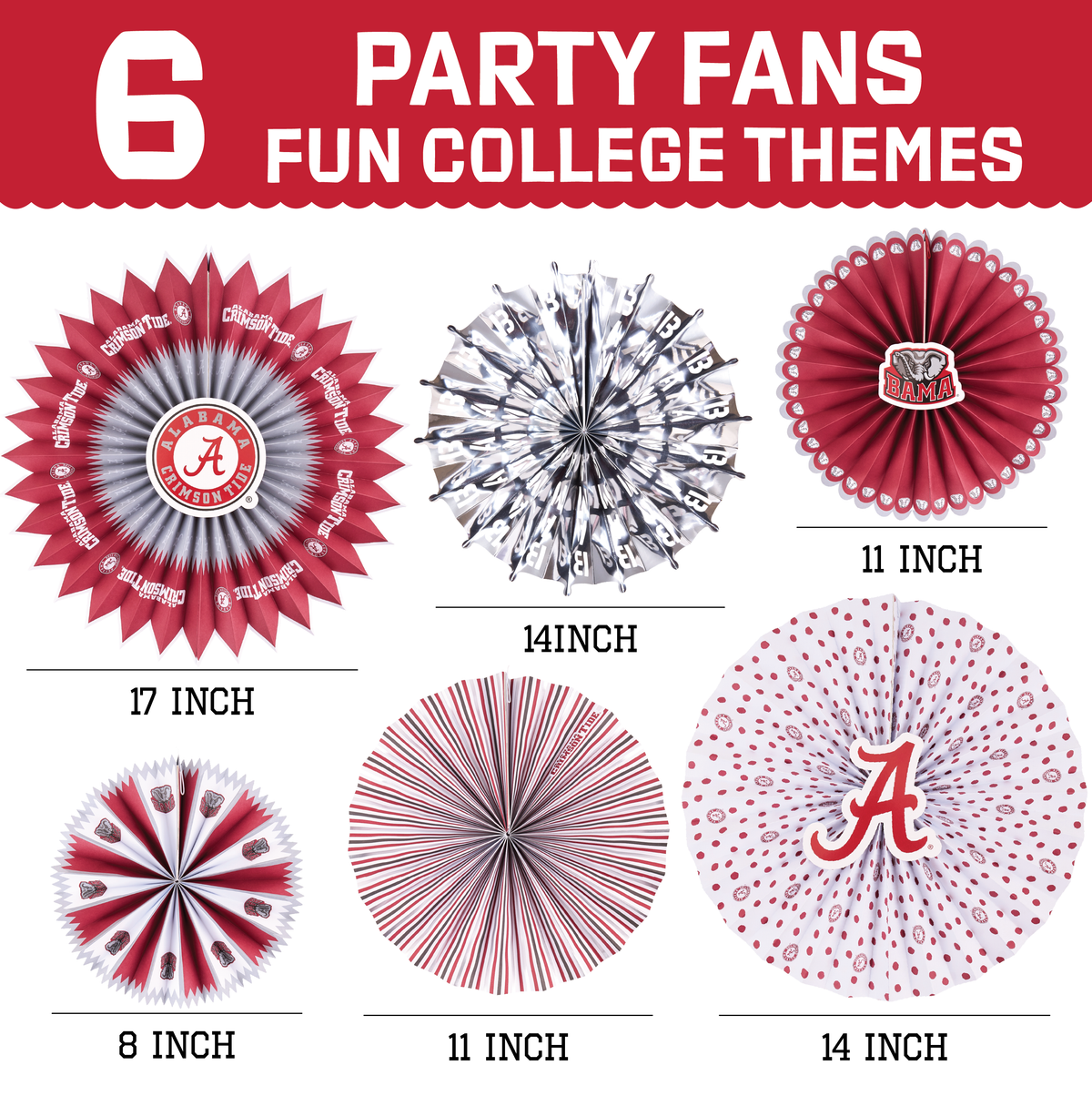 Alabama Crimson Tide Paper Fan Backdrop Birthday Graduation Party Decor 6Pc