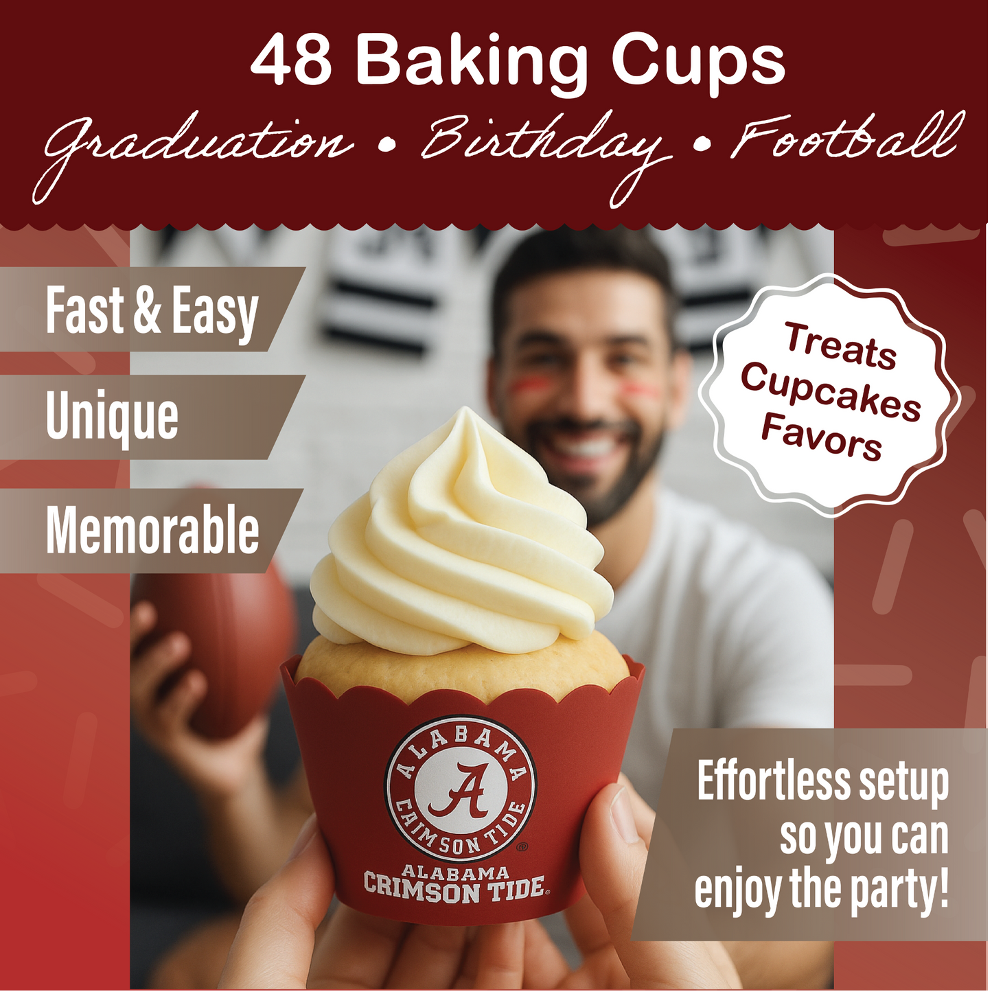 University of Alabama Baking Cups (48 Pcs) for Bama Football, Birthday, and Graduation Party Decorations (Alabama Crimson Tide)