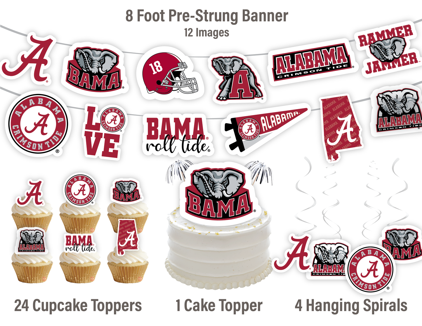 Alabama Crimson Tide Party Decorations with Banner and Cupcake Toppers (42 Pieces)