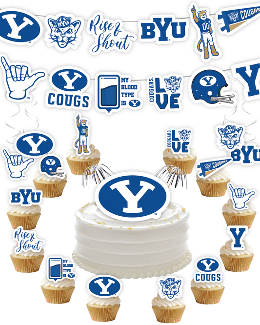 BYU Cougars Party Decorations with Banner and Cupcake Toppers (42 Pieces)