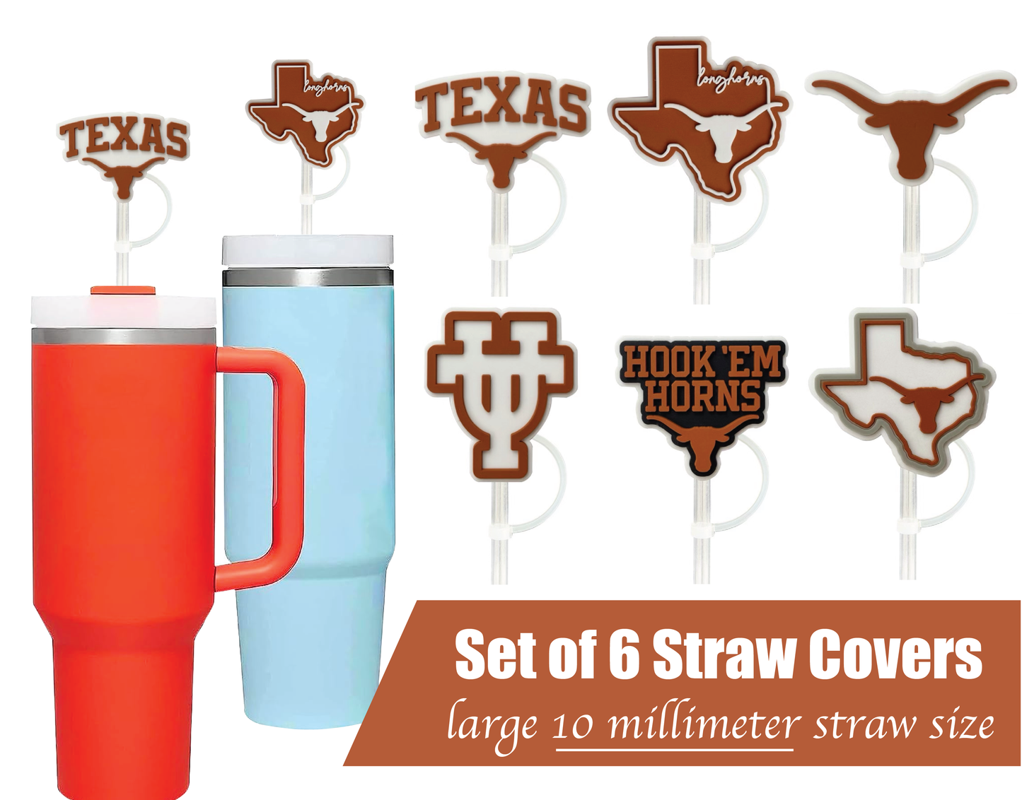 Texas Longhorns 10mm Straw Toppers (6 Pieces)