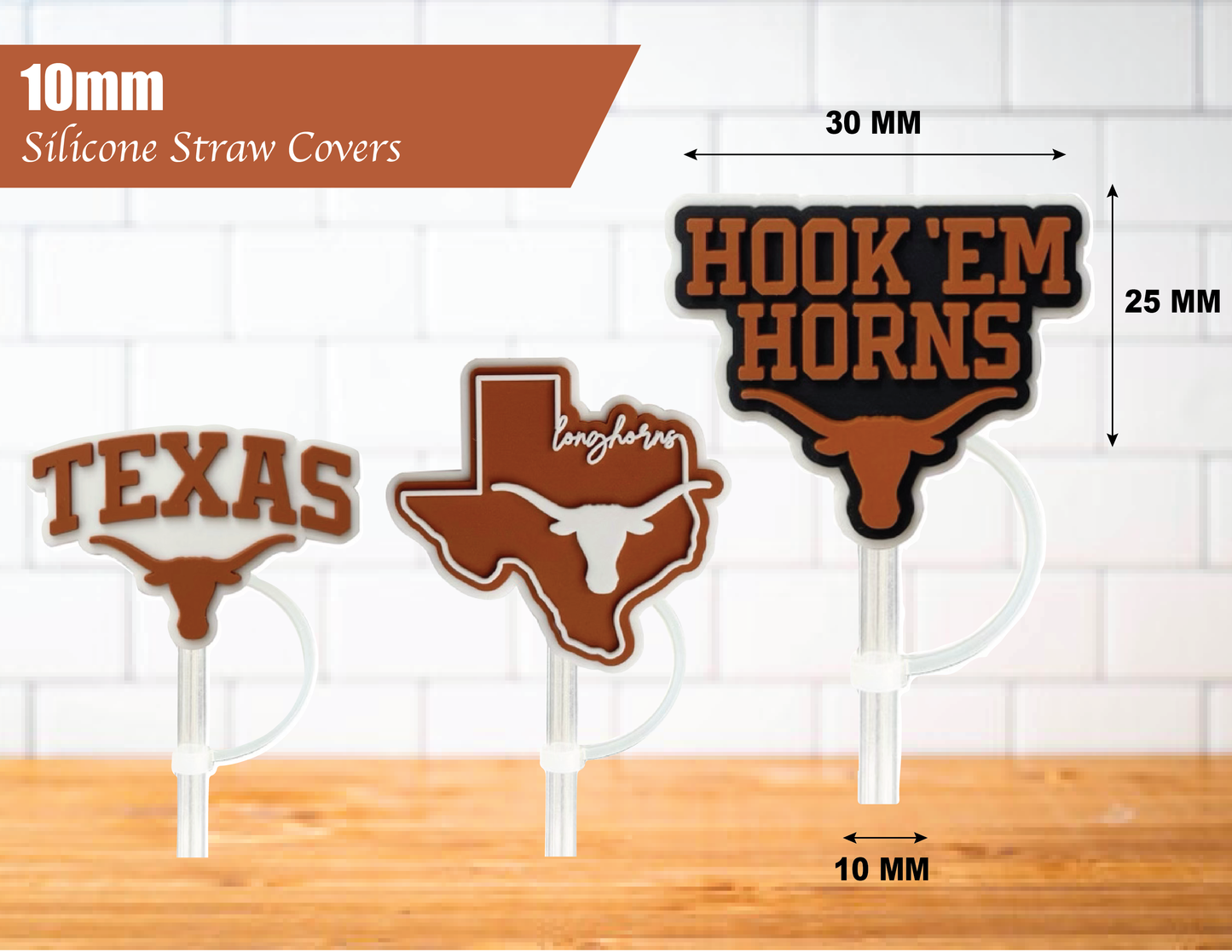 Texas Longhorns 10mm Straw Toppers (6 Pieces)