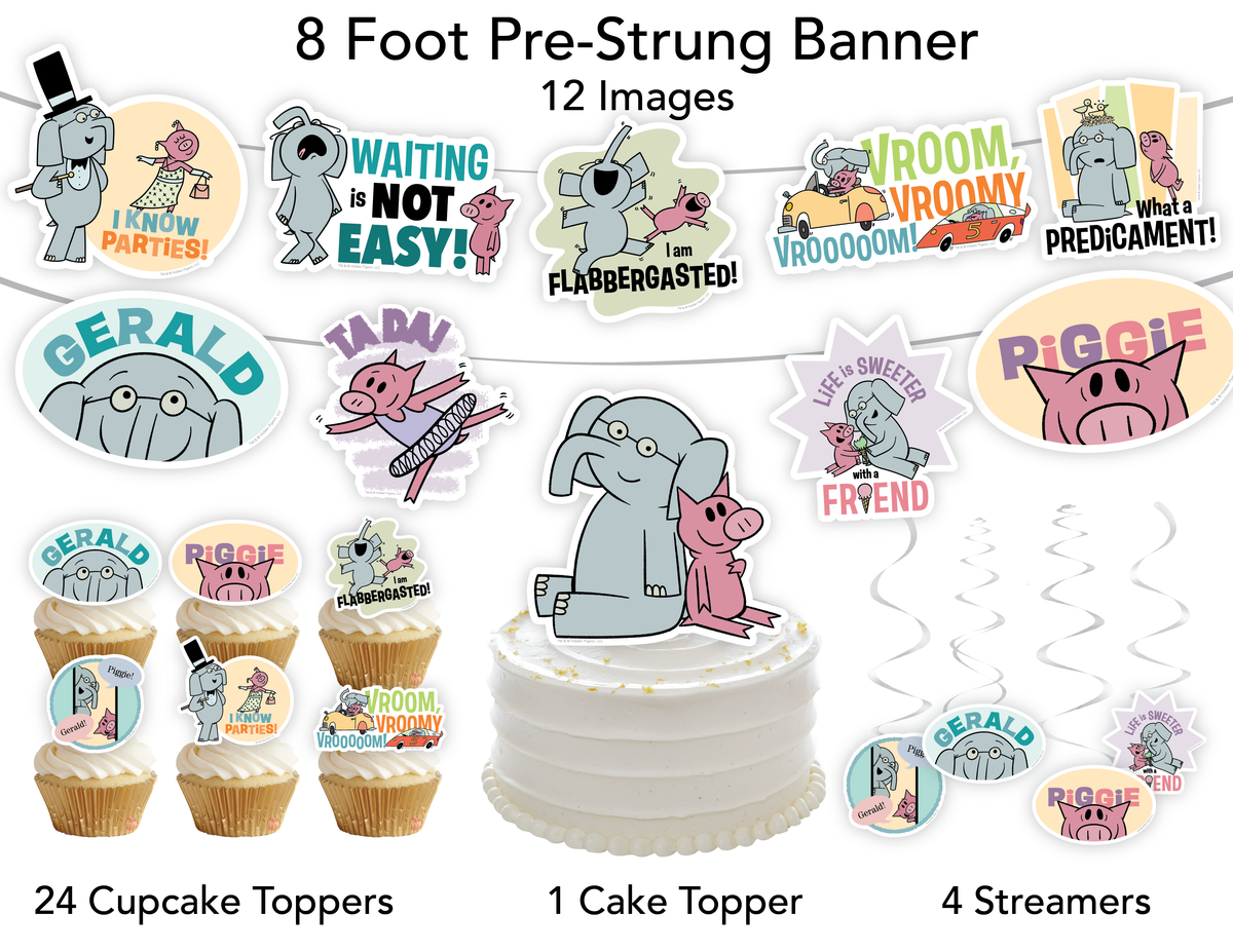 Elephant and Piggie Party Kit (8 Foot Banner, 24 Cupcake Toppers, Cake Topper, 4 Streamers)