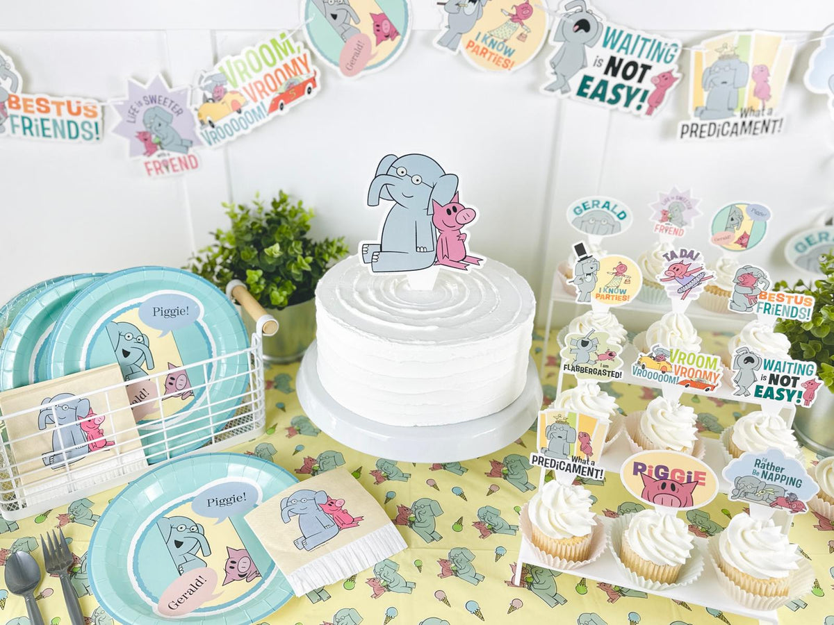 Elephant and Piggie Party Kit (8 Foot Banner, 24 Cupcake Toppers, Cake Topper, 4 Streamers)