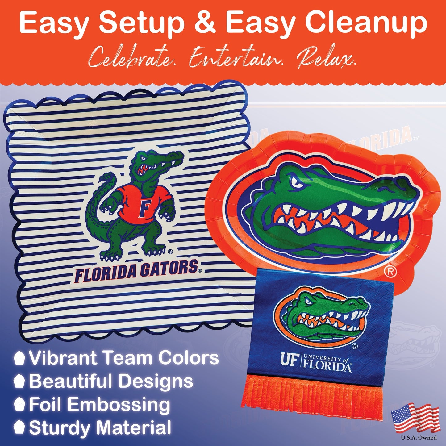 Florida Gators party supplies with UF tablecloth plates and napkins (37 piece set) for graduation, football tailgating, and birthday party decorations (Serves 12) (Florida Gators)