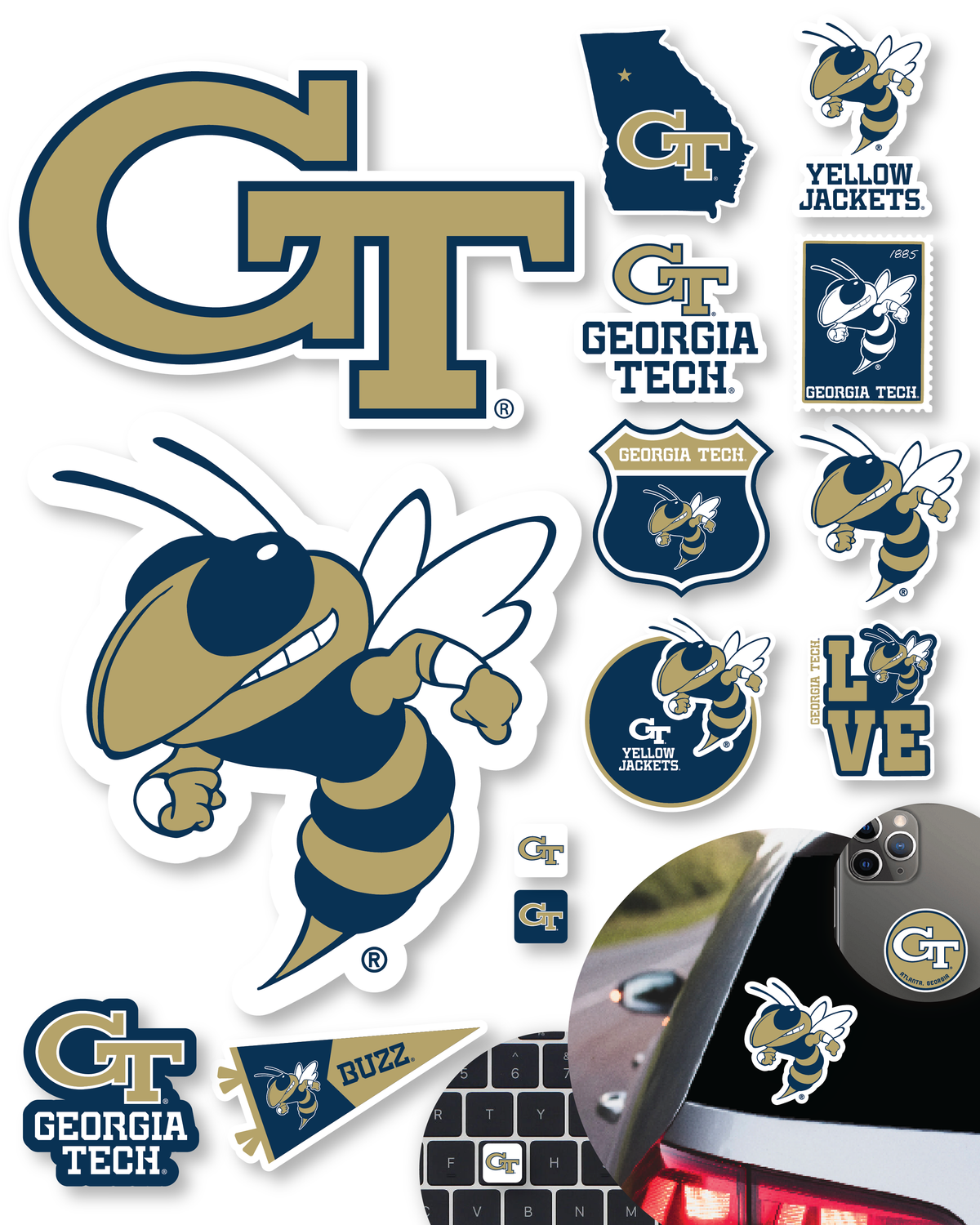 Georgia Tech Stickers Decals  Yellow Jacket Car Laptop Water Bottle 14 Pc
