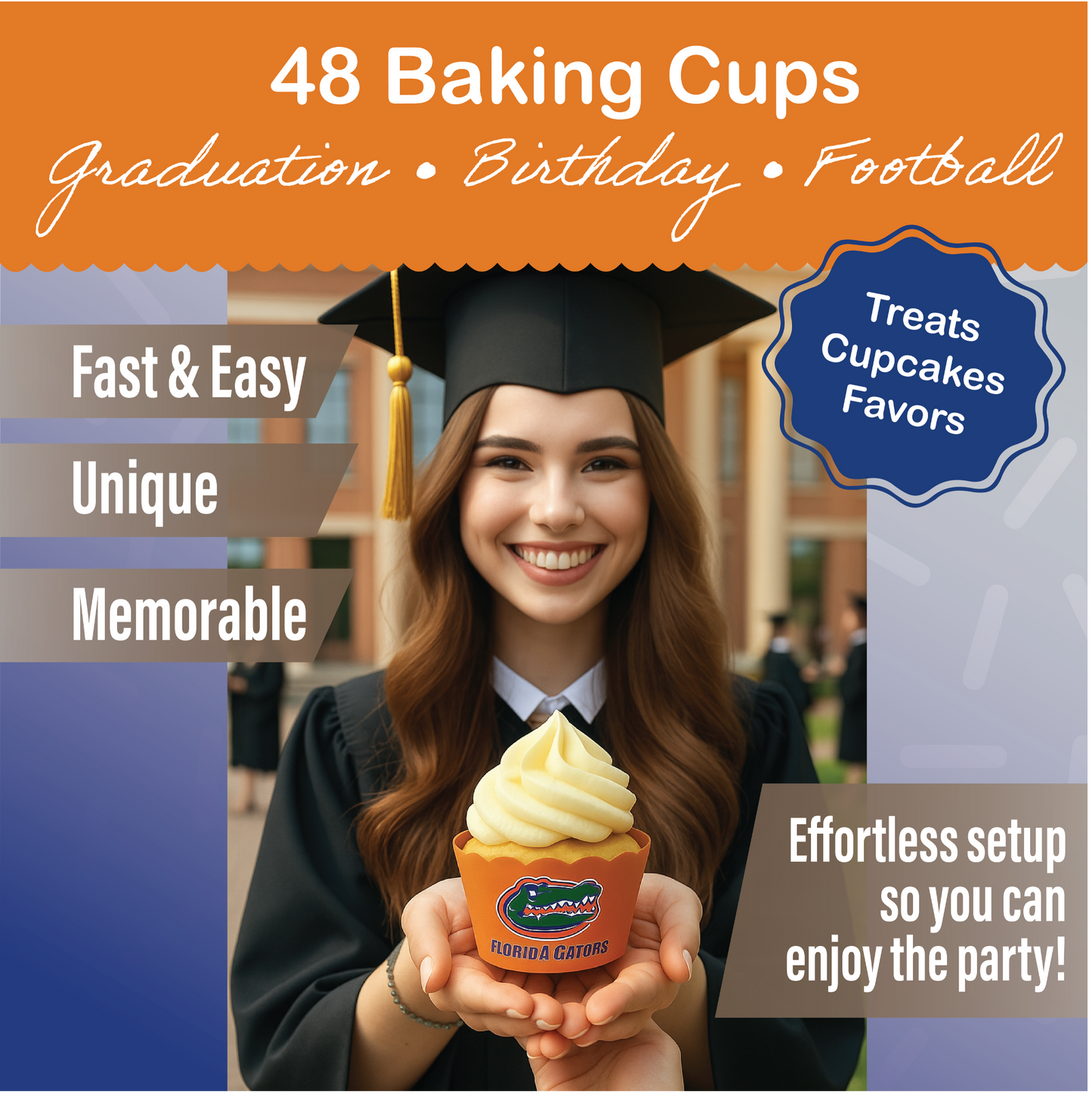 University of Florida Baking Cups (48 Pcs) for UF Gators Football, Birthday, and Graduation Party Decorations (Florida Gators)