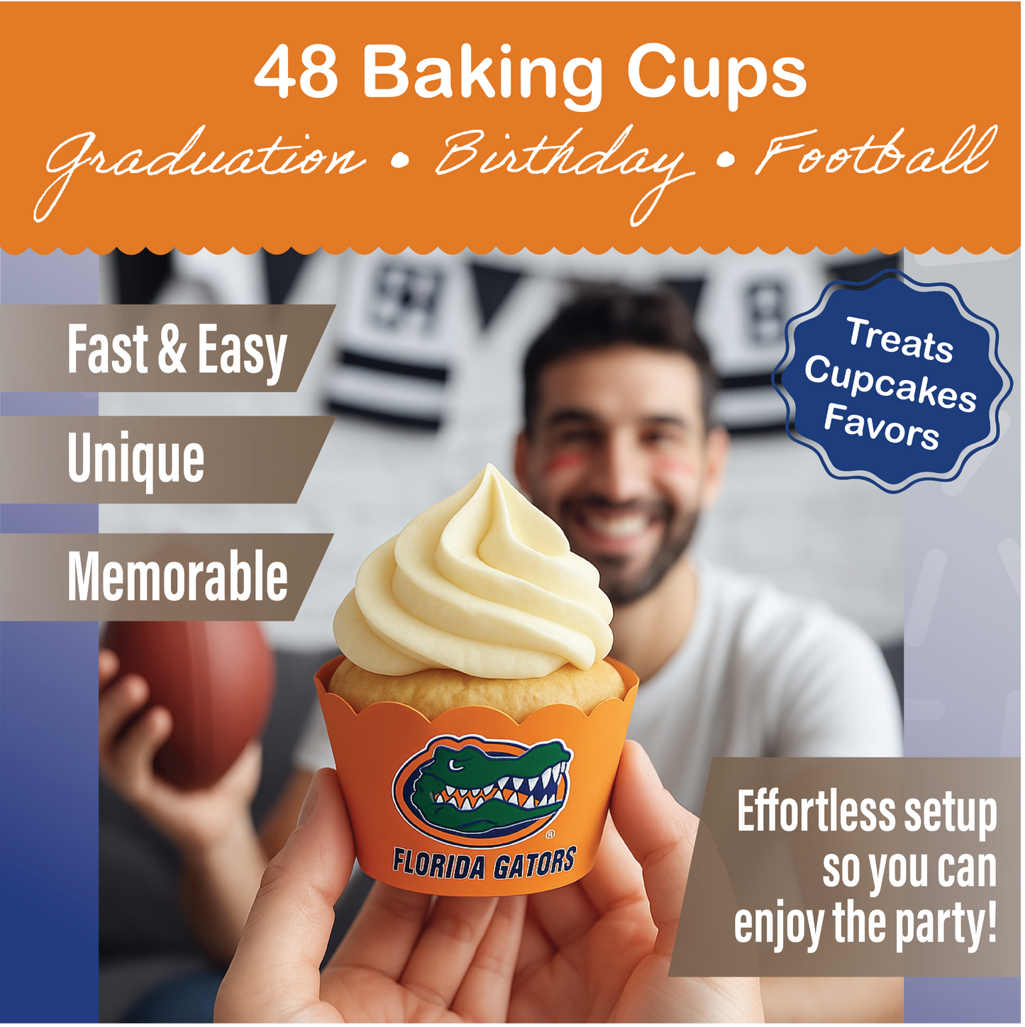 University of Florida Baking Cups (48 Pcs) for UF Gators Football, Birthday, and Graduation Party Decorations (Florida Gators)