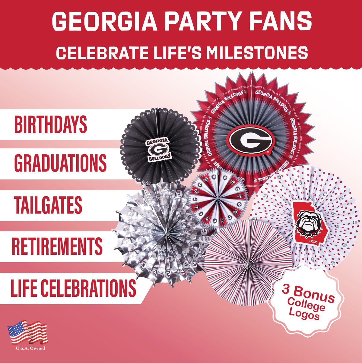 Georgia Bulldogs Paper Fan Backdrop UGA Birthday Graduation Party Decor 6Pc