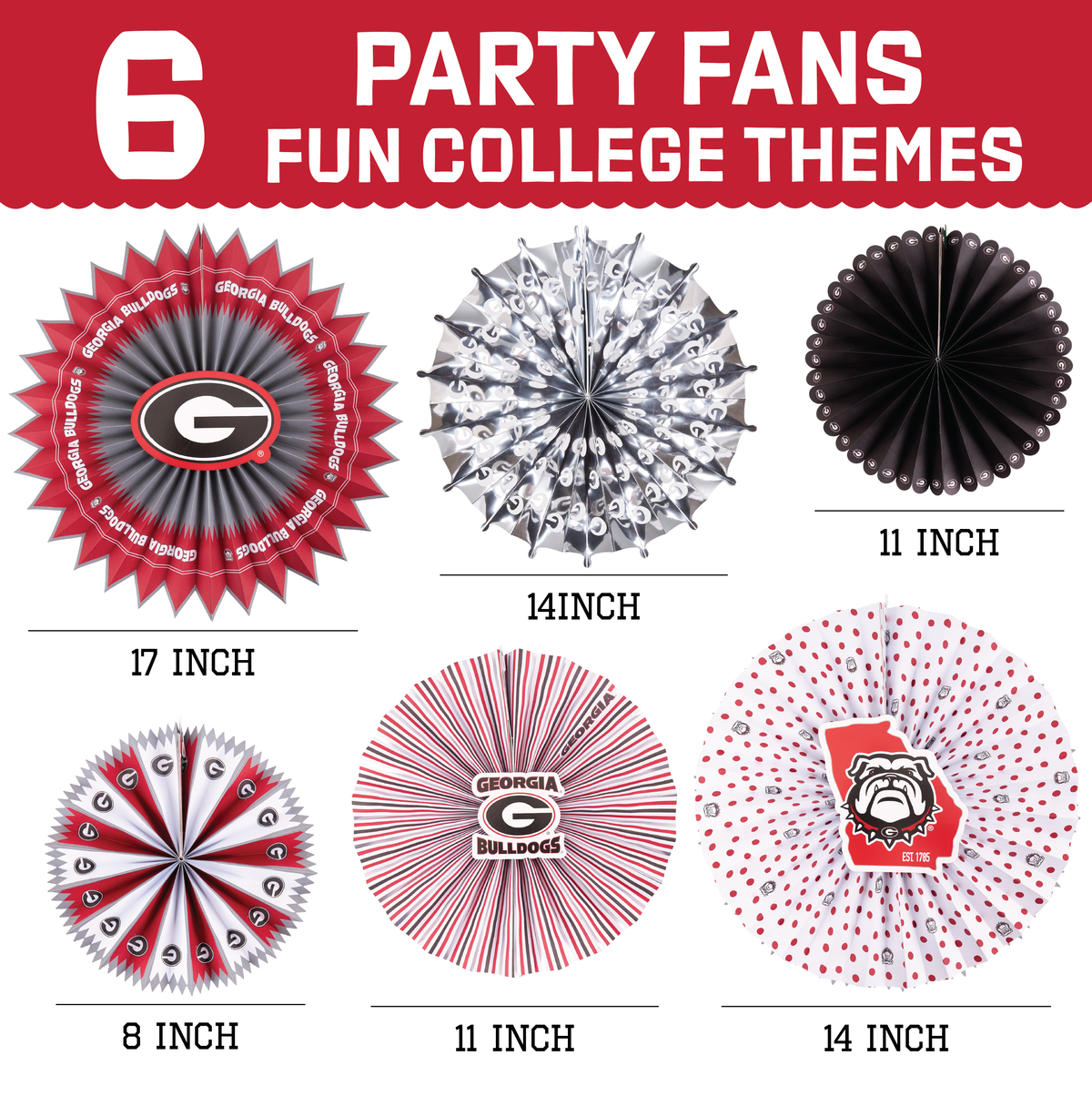 Georgia Bulldogs Paper Fan Backdrop UGA Birthday Graduation Party Decor 6Pc