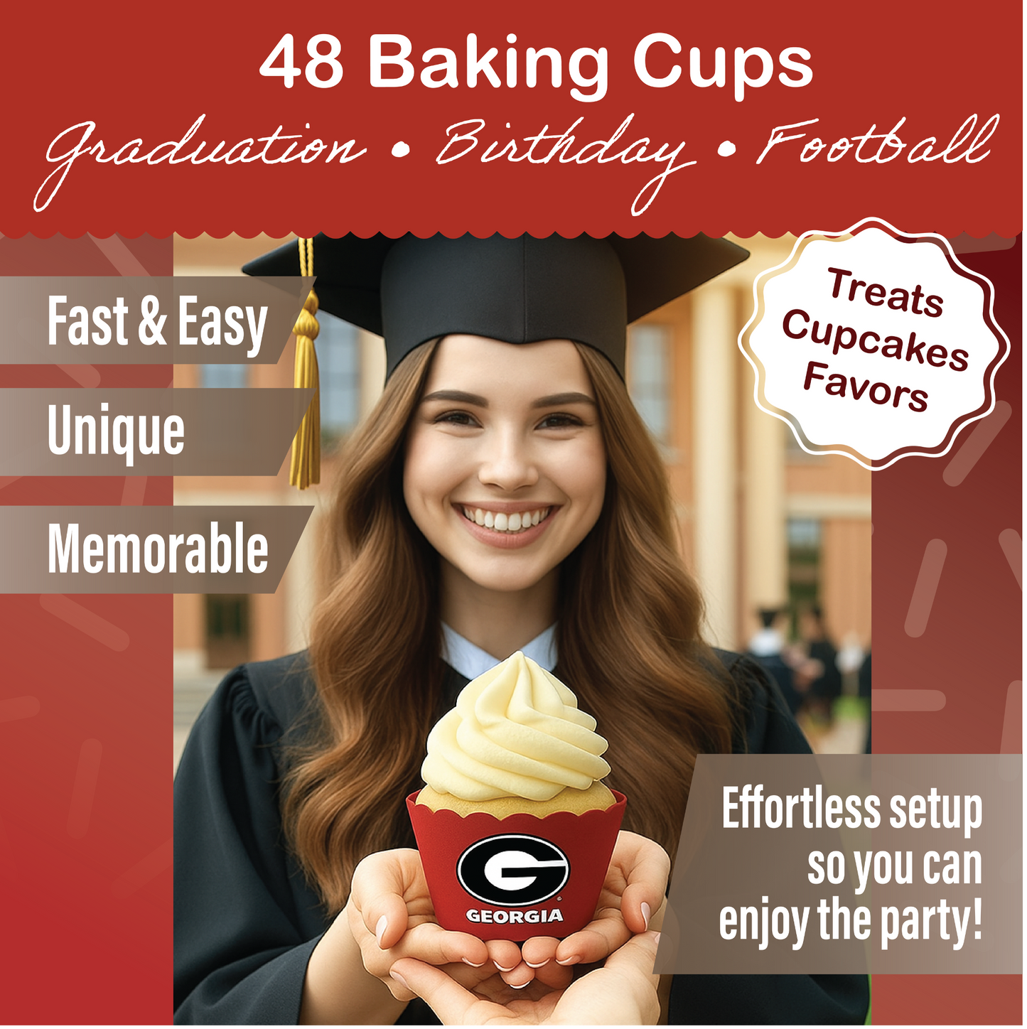 University of Georgia Baking Cups (48 Pcs) for UGA Football, Birthday, and Graduation Party Decorations (Georgia Bulldogs)