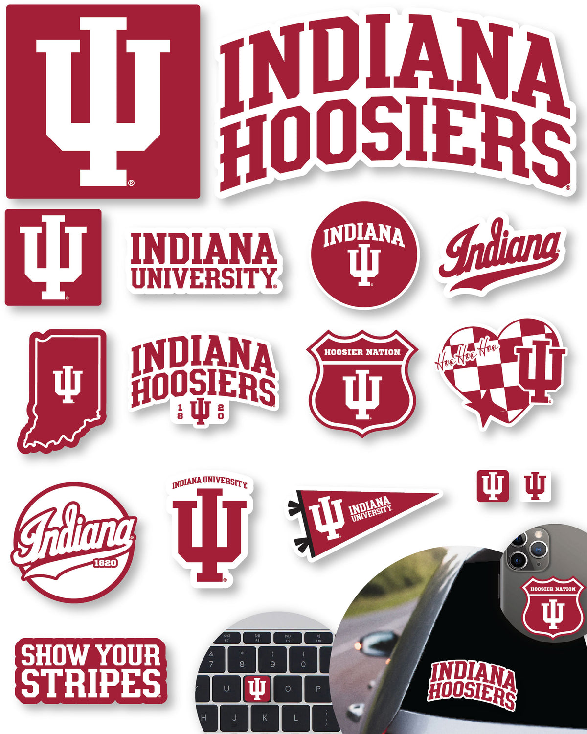 Indiana Hoosiers Stickers & Decals 14 Pc IU Set for Car & Water Bottle