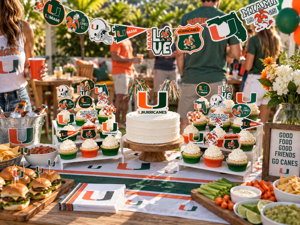 UMiami Party Kit Banner Cake Toppers 42 Pc Decorations (Miami Hurricanes)