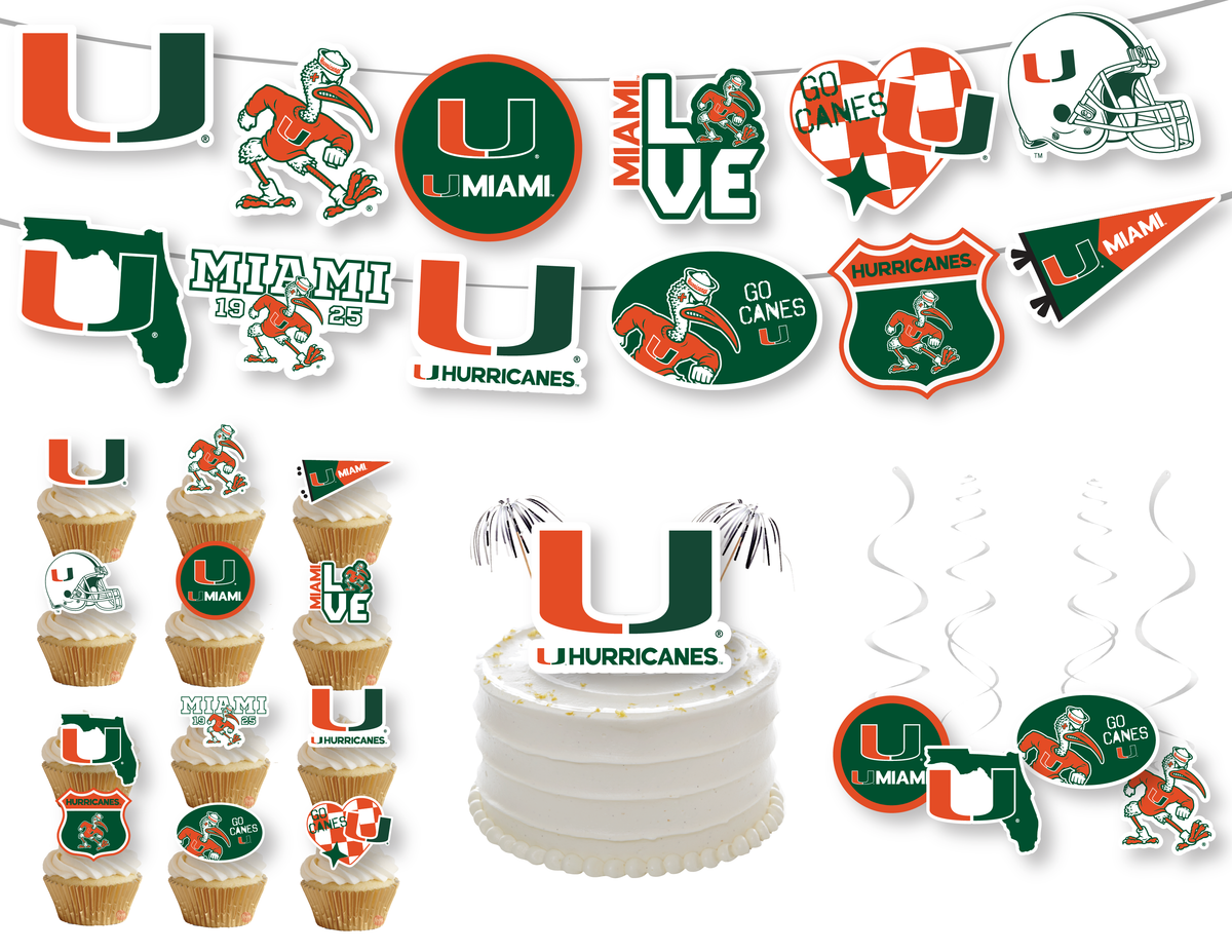 UMiami Party Kit Banner Cake Toppers 42 Pc Decorations (Miami Hurricanes)