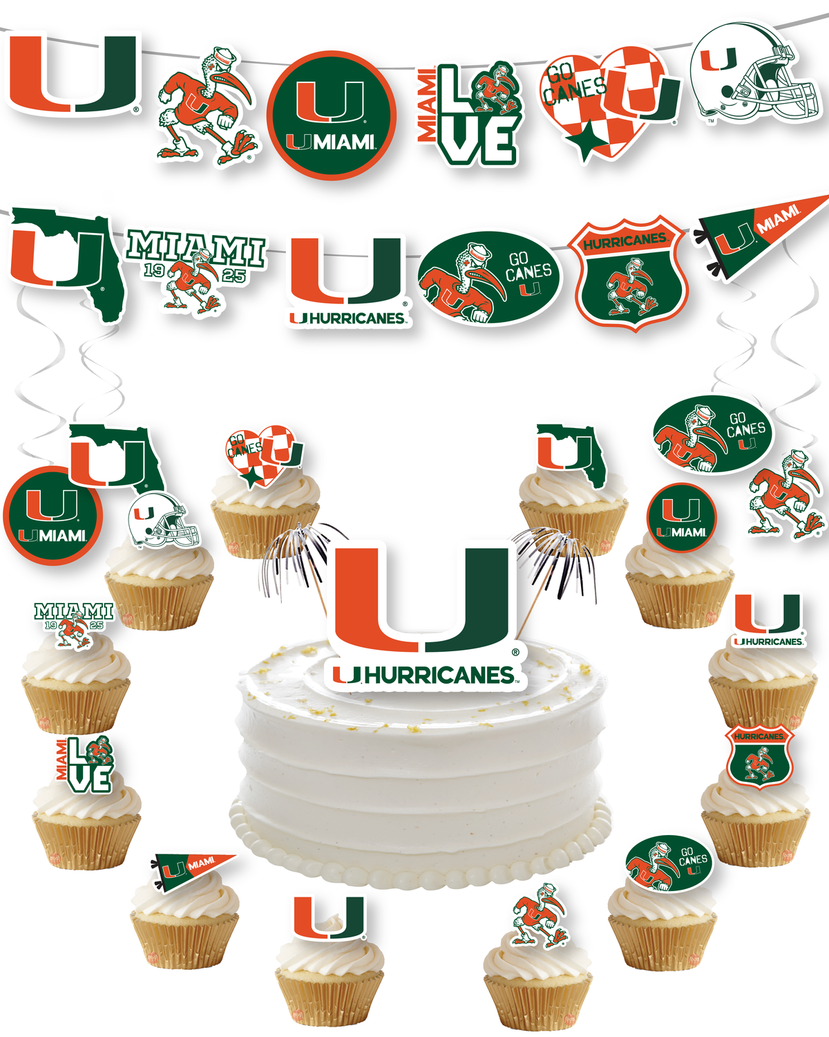 UMiami Party Kit Banner Cake Toppers 42 Pc Decorations (Miami Hurricanes)
