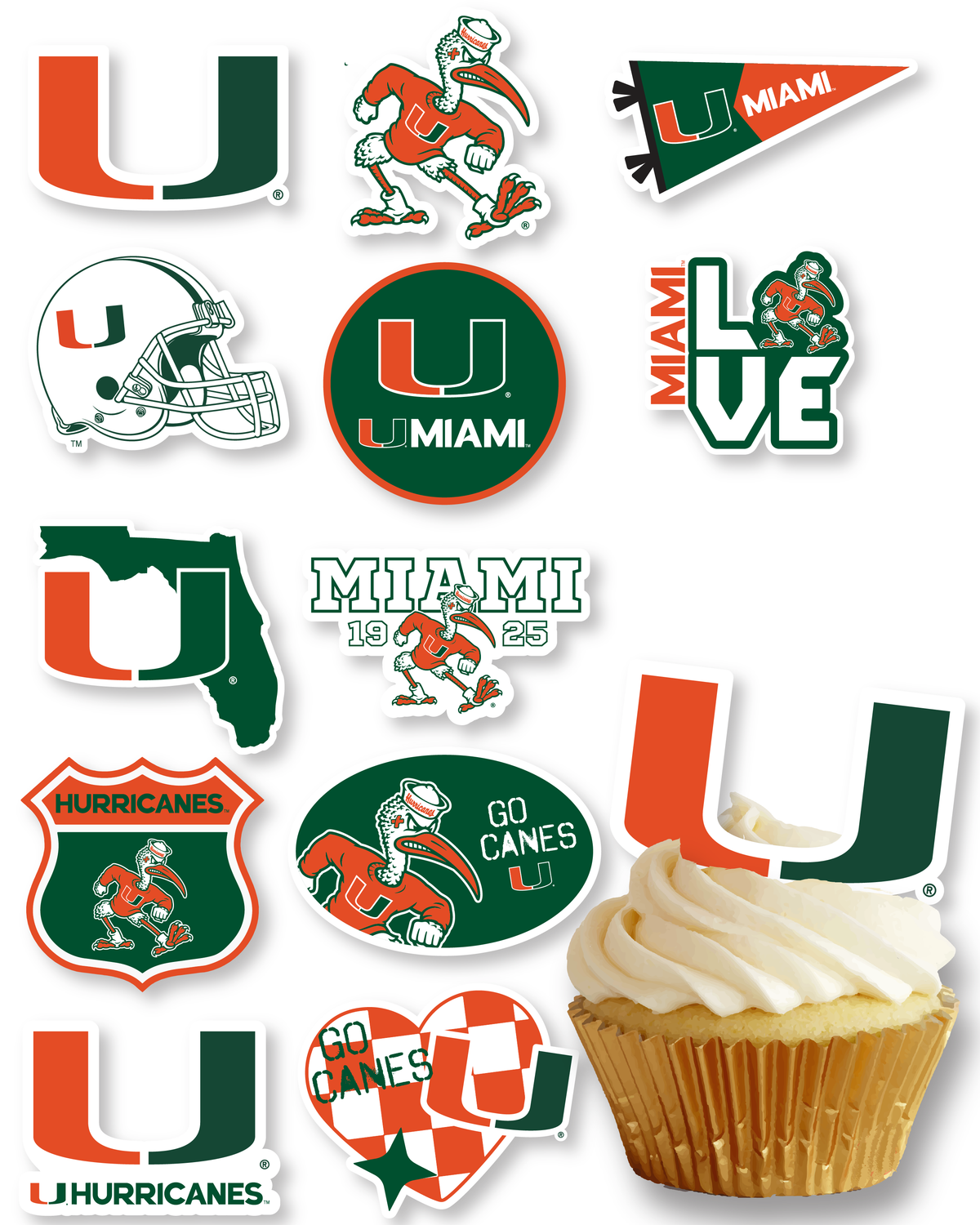 Miami Hurricanes Cupcake Toppers Football Graduation Cake Decor 24 Pc