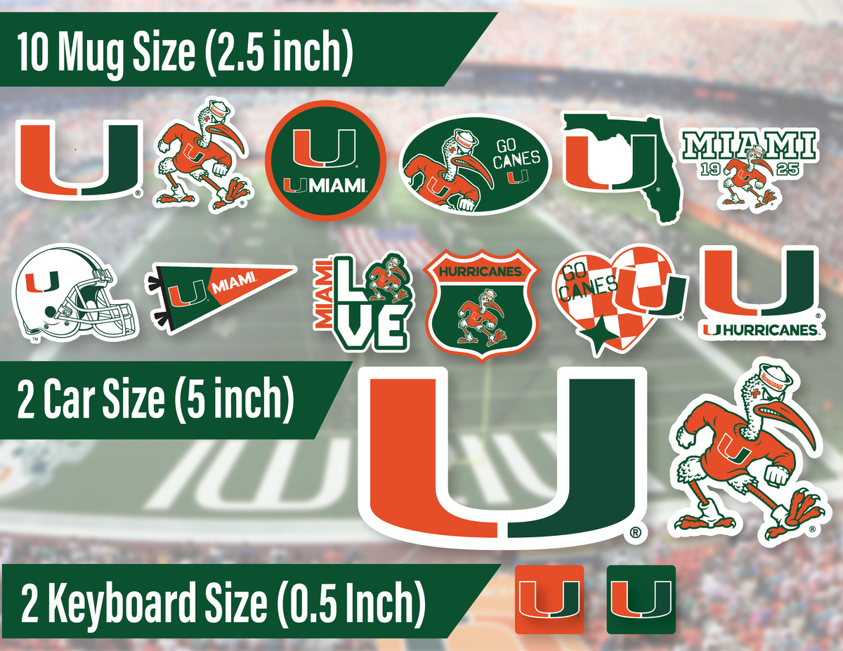 Miami Hurricanes Stickers University of Miami Vinyl Decals Vinyl Gift 14 Pc