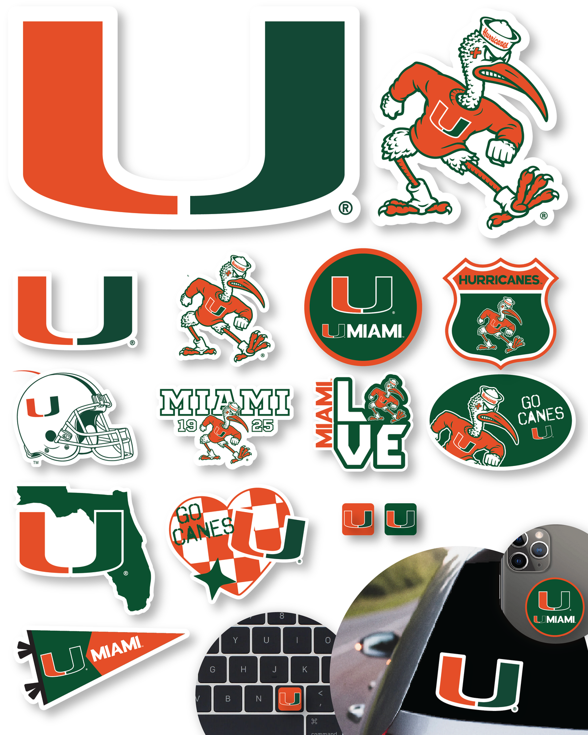 Miami Hurricanes Stickers University of Miami Vinyl Decals Vinyl Gift 14 Pc