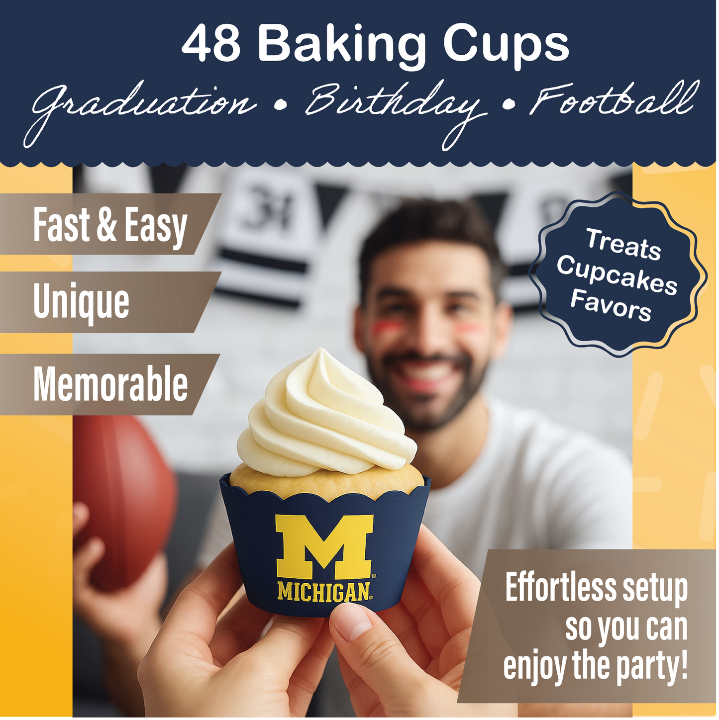 University of Michigan Baking Cups (48 Pcs) for U of M Wolverines Football, Birthday, and Graduation Party Decorations (Michigan Wolverines)