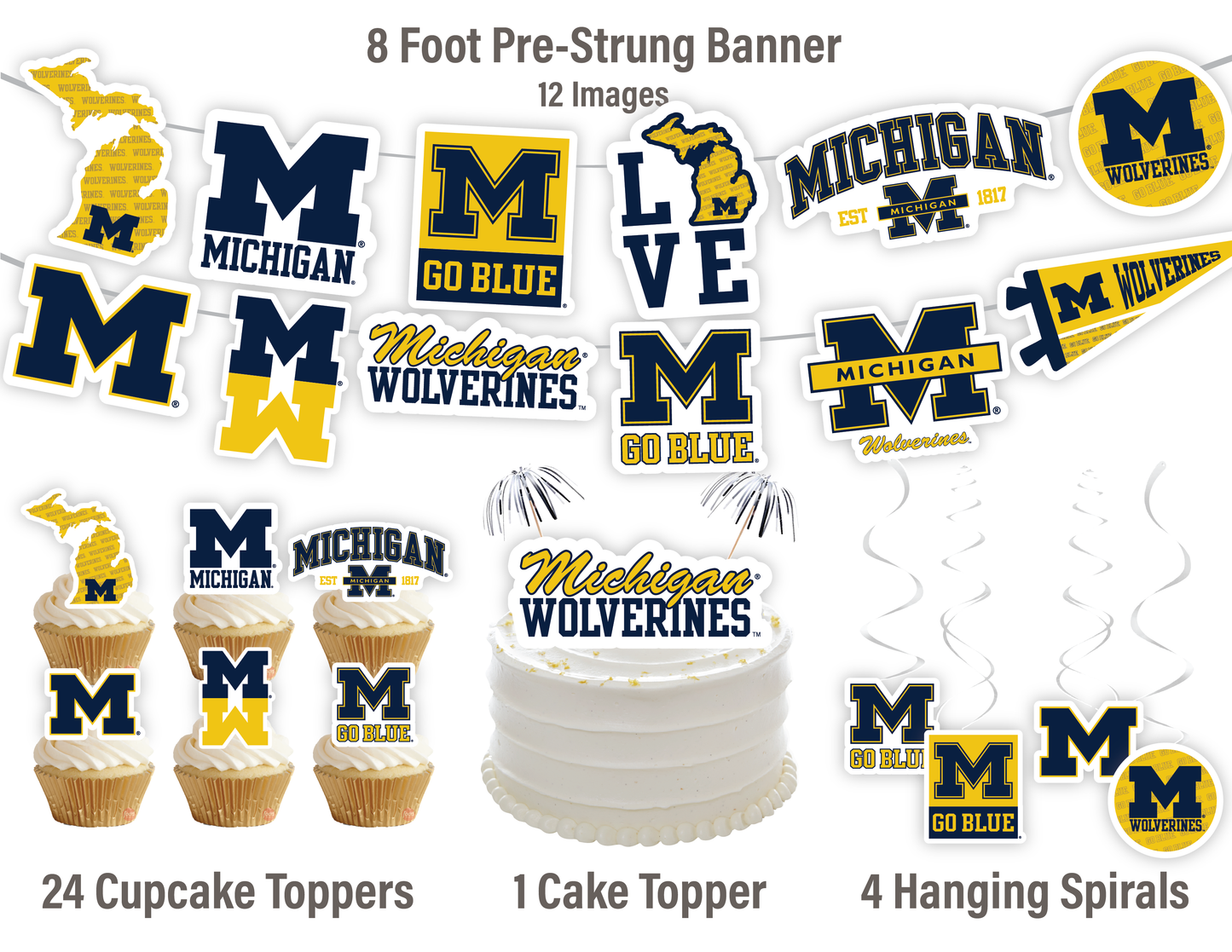 Michigan Wolverines Party Decorations with Banner and Cupcake Toppers (42 Pieces)
