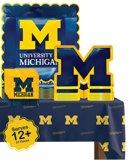 Michigan party supplies with Michigan tablecloth plates and napkins (37 piece set) for graduation, football tailgating, and birthday party decorations (Serves 12) (Michigan Wolverines)