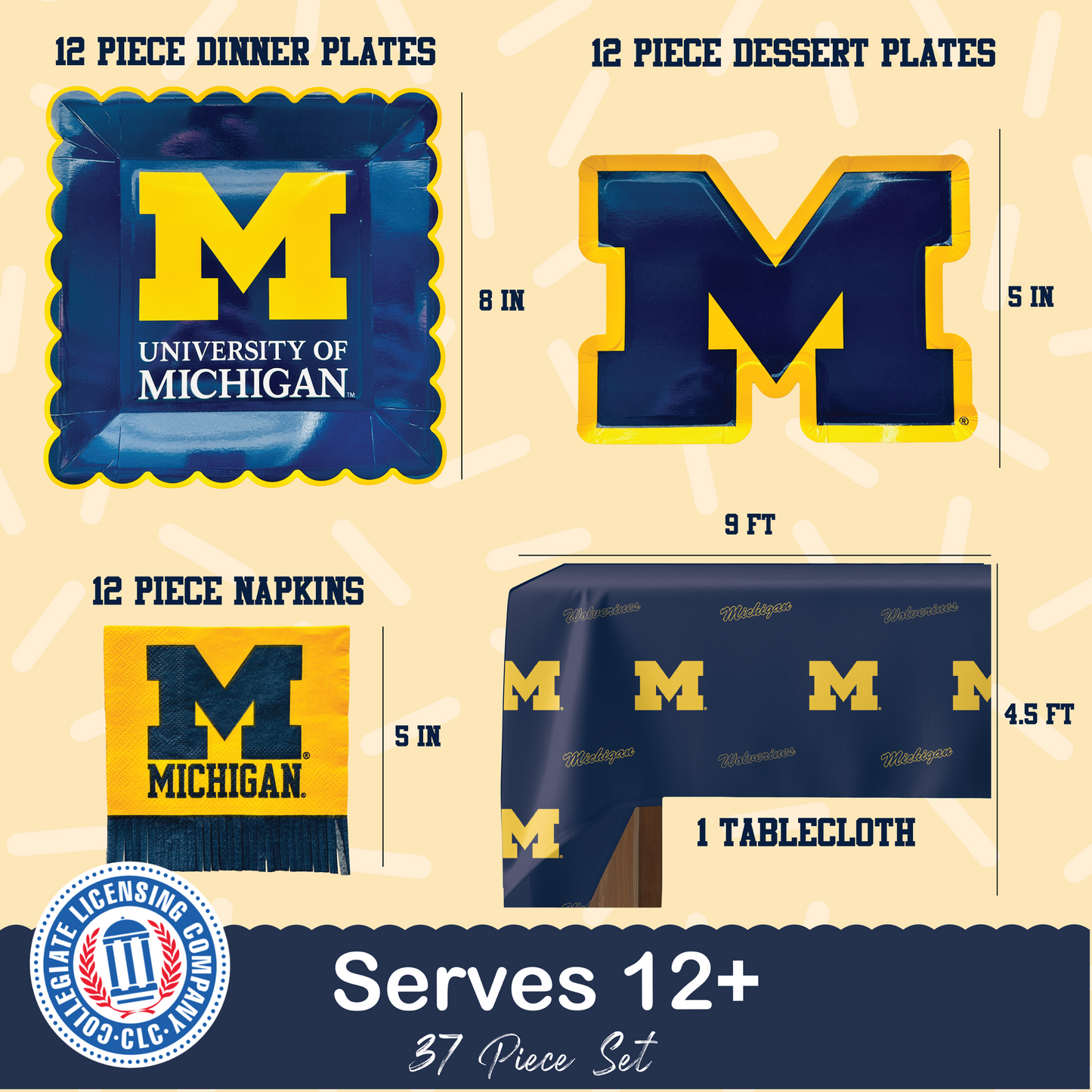 Michigan party supplies with Michigan tablecloth plates and napkins (37 piece set) for graduation, football tailgating, and birthday party decorations (Serves 12) (Michigan Wolverines)
