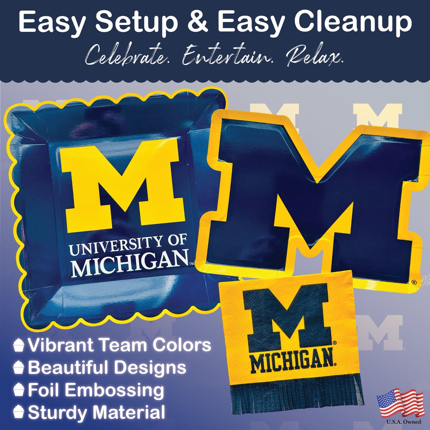 Michigan party supplies with Michigan tablecloth plates and napkins (37 piece set) for graduation, football tailgating, and birthday party decorations (Serves 12) (Michigan Wolverines)
