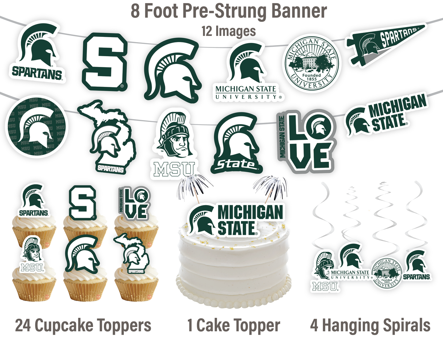Michigan State Spartans Party Decorations with Banner and Cupcake Toppers (42 Pieces)
