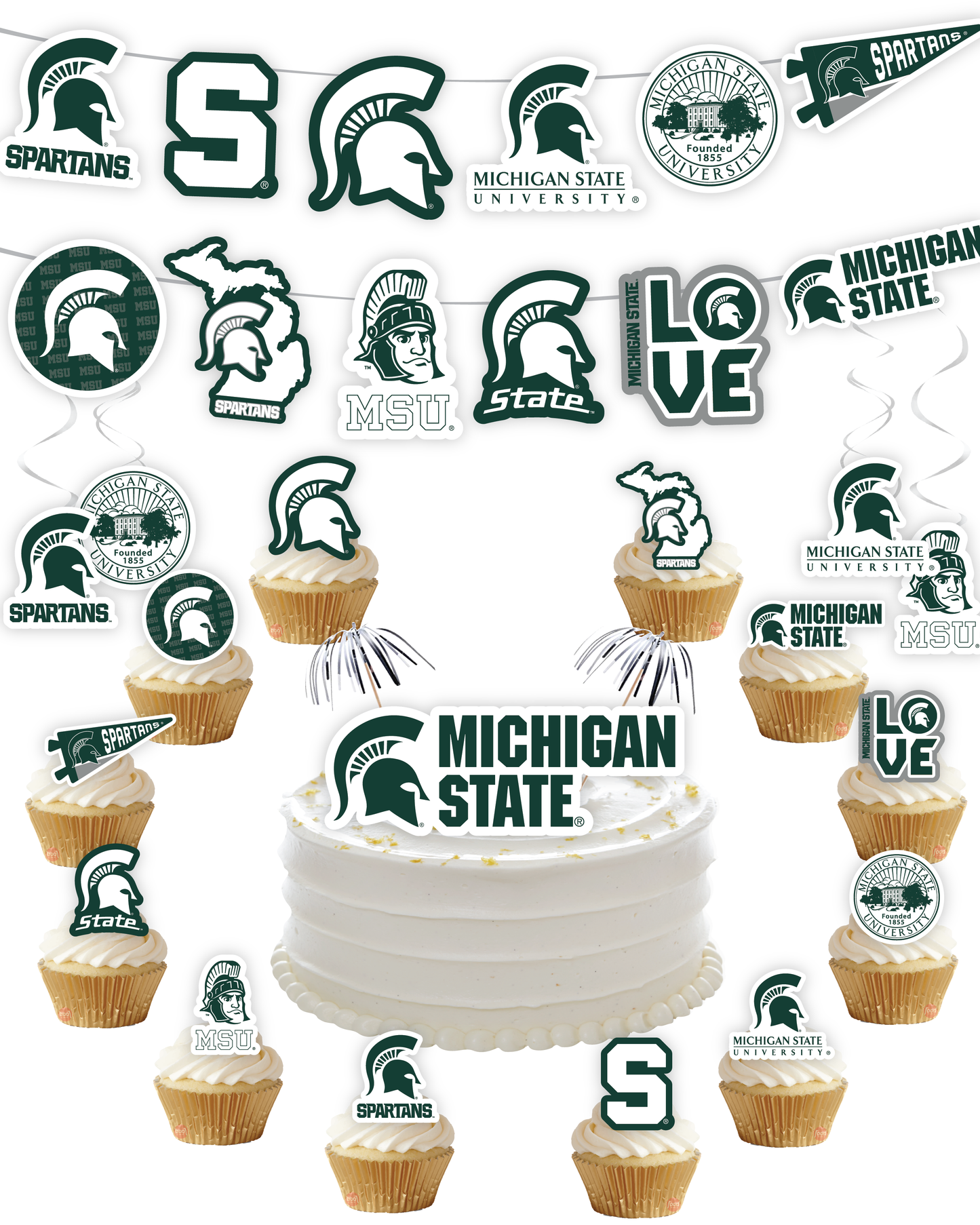 Michigan State Spartans Party Decorations with Banner and Cupcake Toppers (42 Pieces)