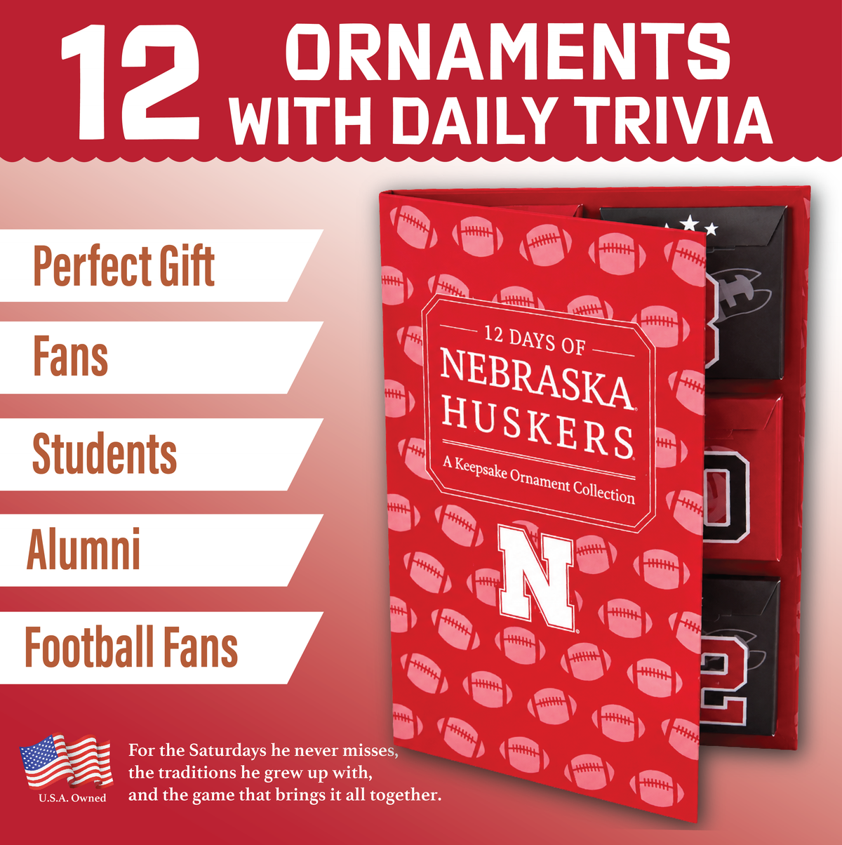 Nebraska Huskers 12-Day Holiday Ornament Advent Calendar Cornhuskers Gift