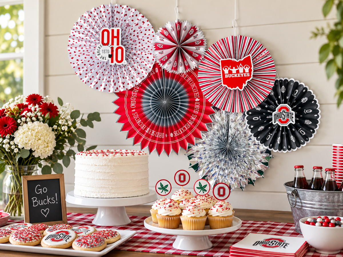 Ohio State Buckeye 6 Paper Fan OSU Backdrop Birthday Grad Party Decor