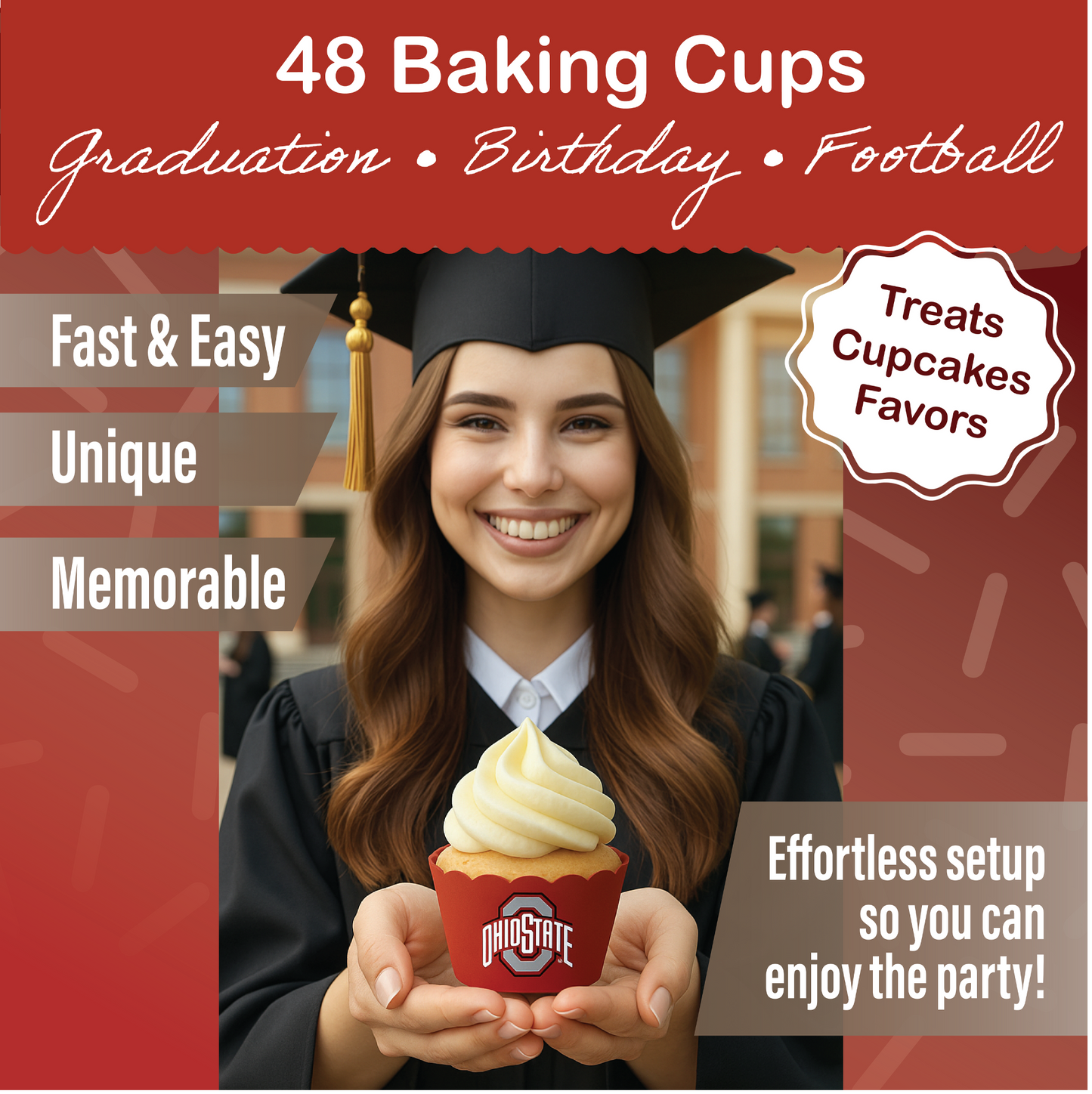 Ohio State Baking Cups (48 Pcs) for OSU Buckeyes Football, Birthday, and Graduation Party Decorations (Ohio State Buckeyes)