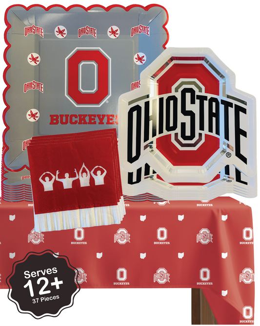 Ohio State Buckeyes Tableware Set with 24 Plates, 12 Napkins and 1 Tablecloth (Serves 12)