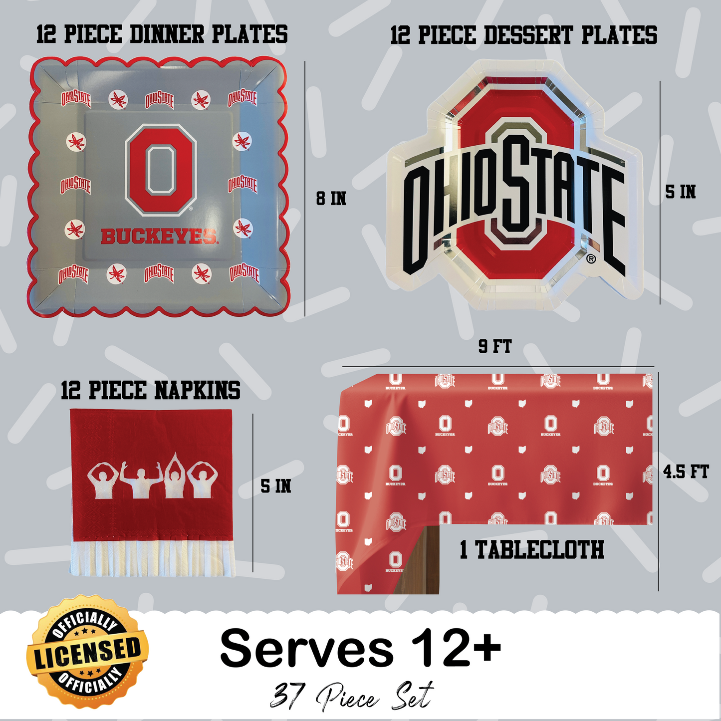 Ohio State Buckeyes Tableware Set with 24 Plates, 12 Napkins and 1 Tablecloth (Serves 12)